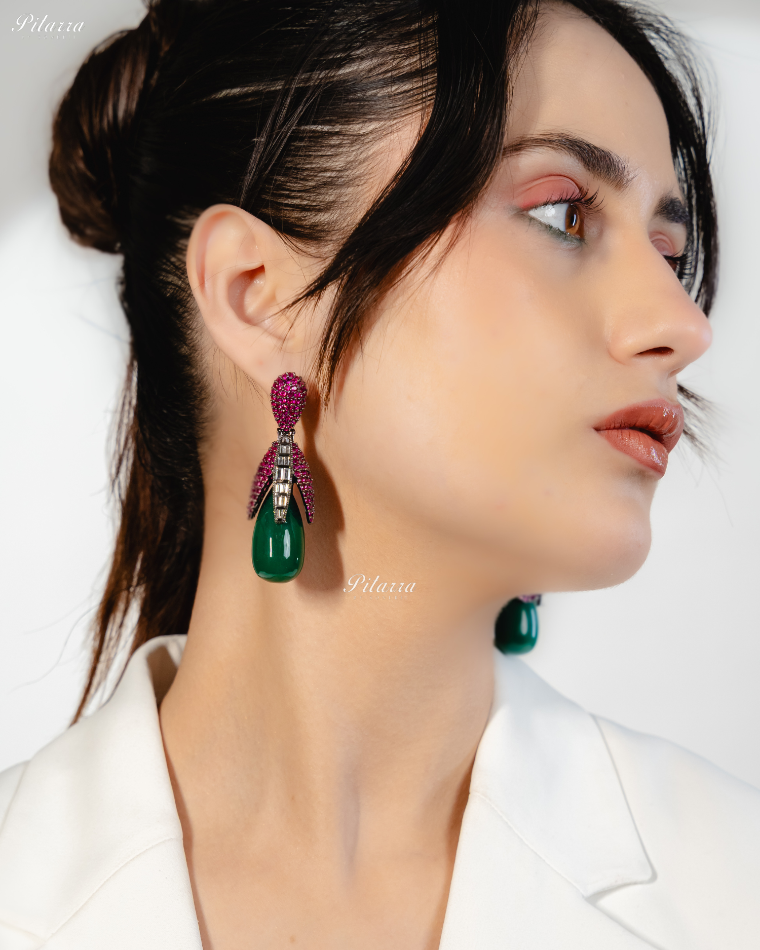 Pink Leaf Emerald Teardrop CZ Crystal Earrings