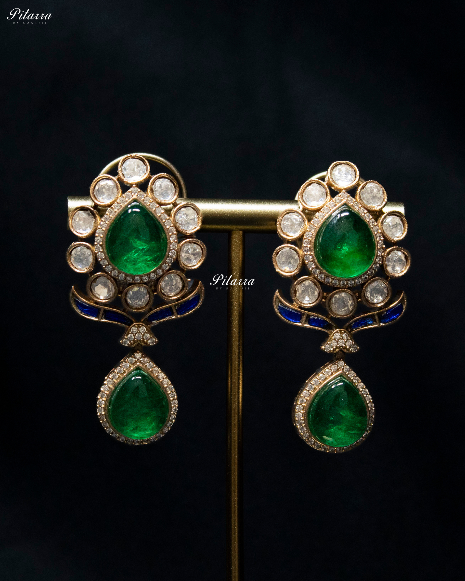 Emerald Drop Blue Line Victorian Polki Kundan Necklace Set