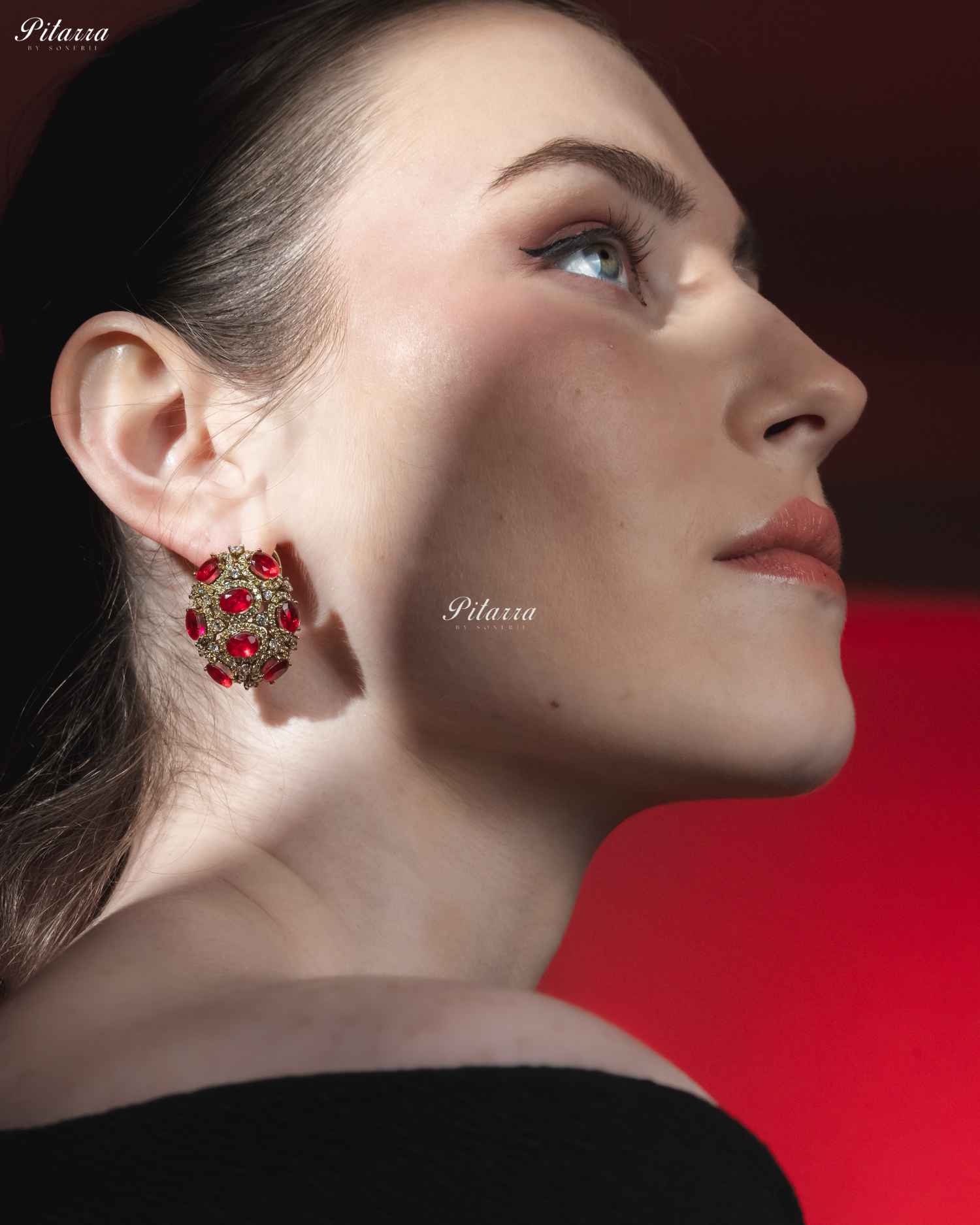 Red Stone Golden Crystal Stud Earrings