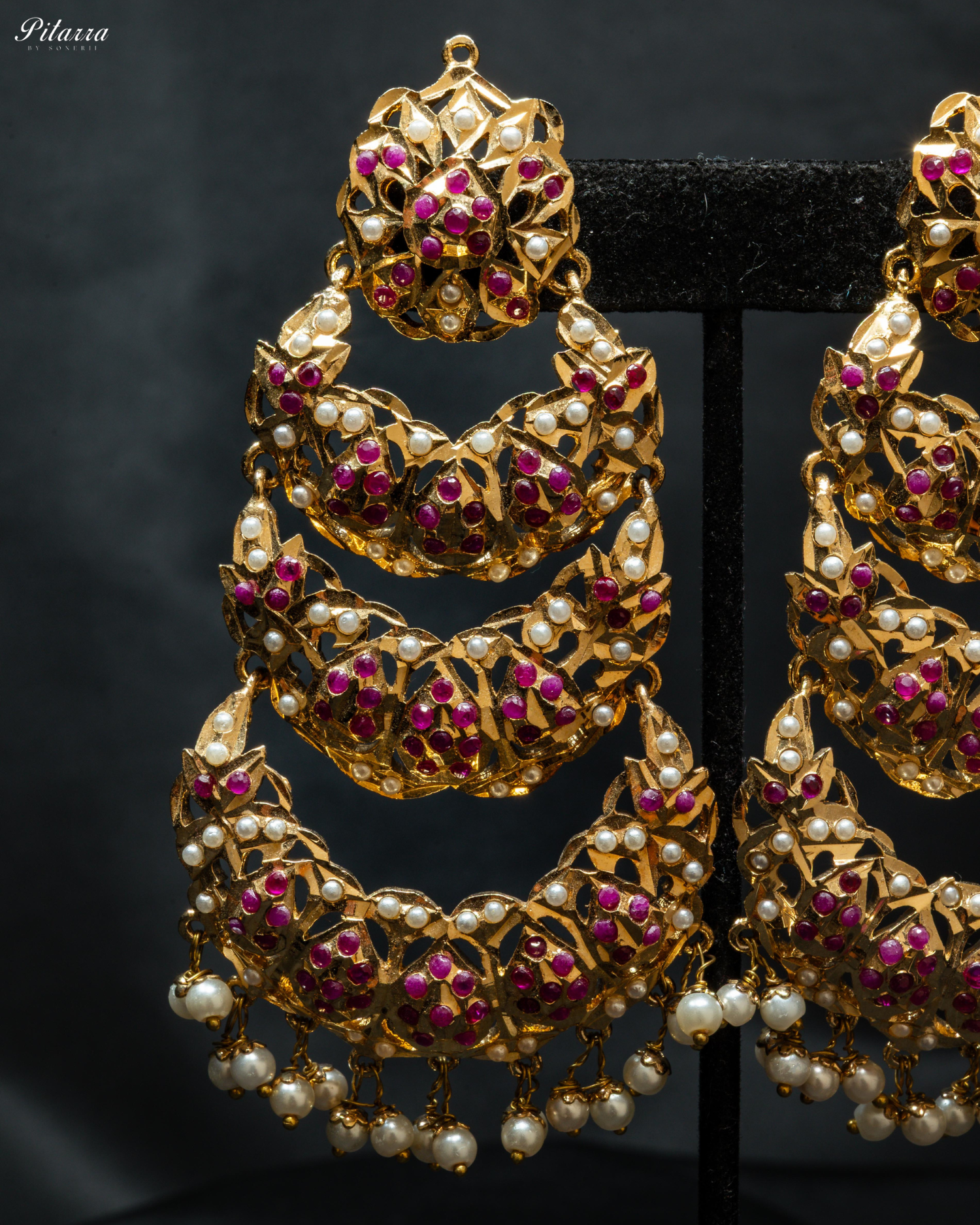 Pink Stones Triple Layered Jadau Chandbali Earrings