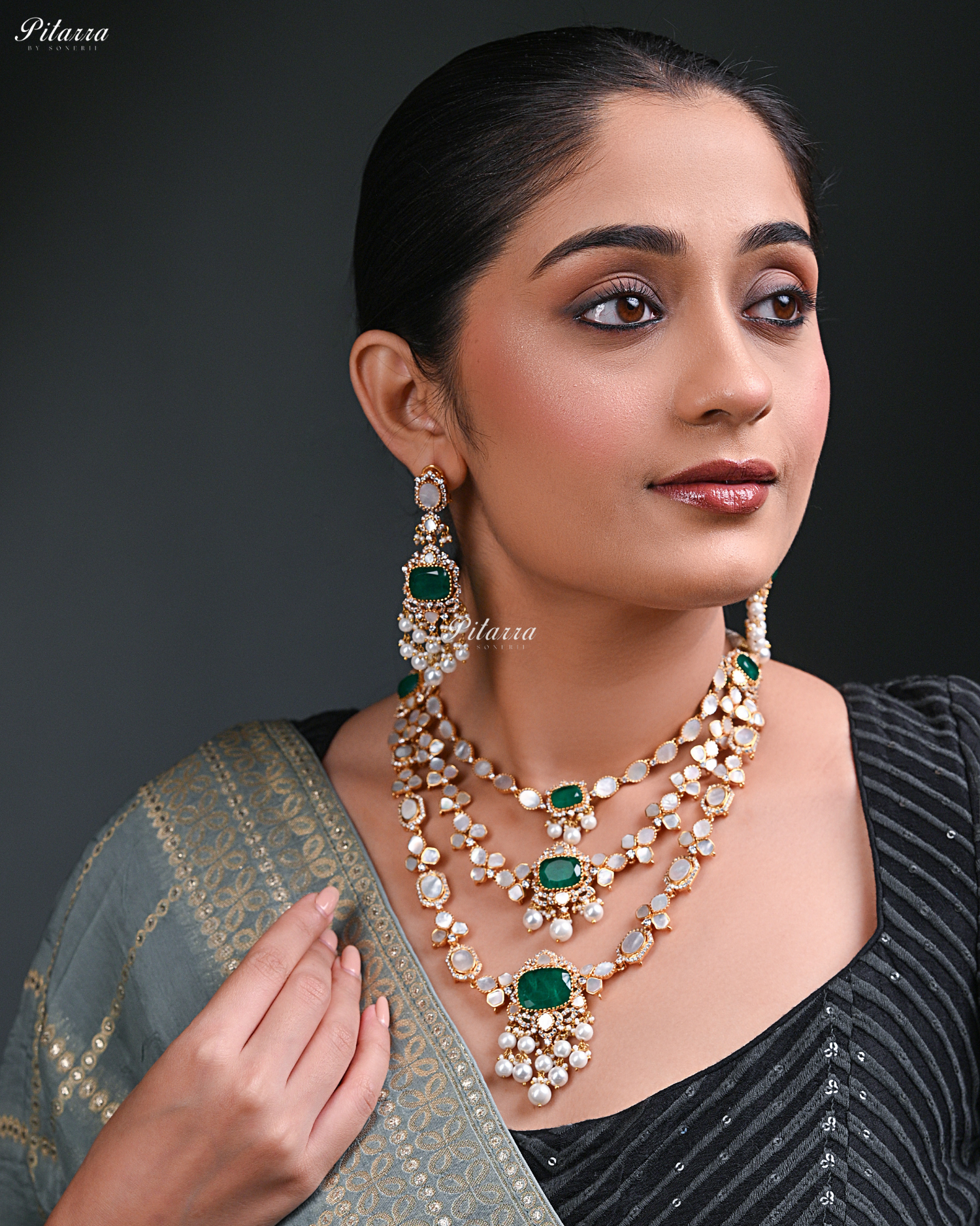 Emerald Stone Three Layer Long Kundan Set