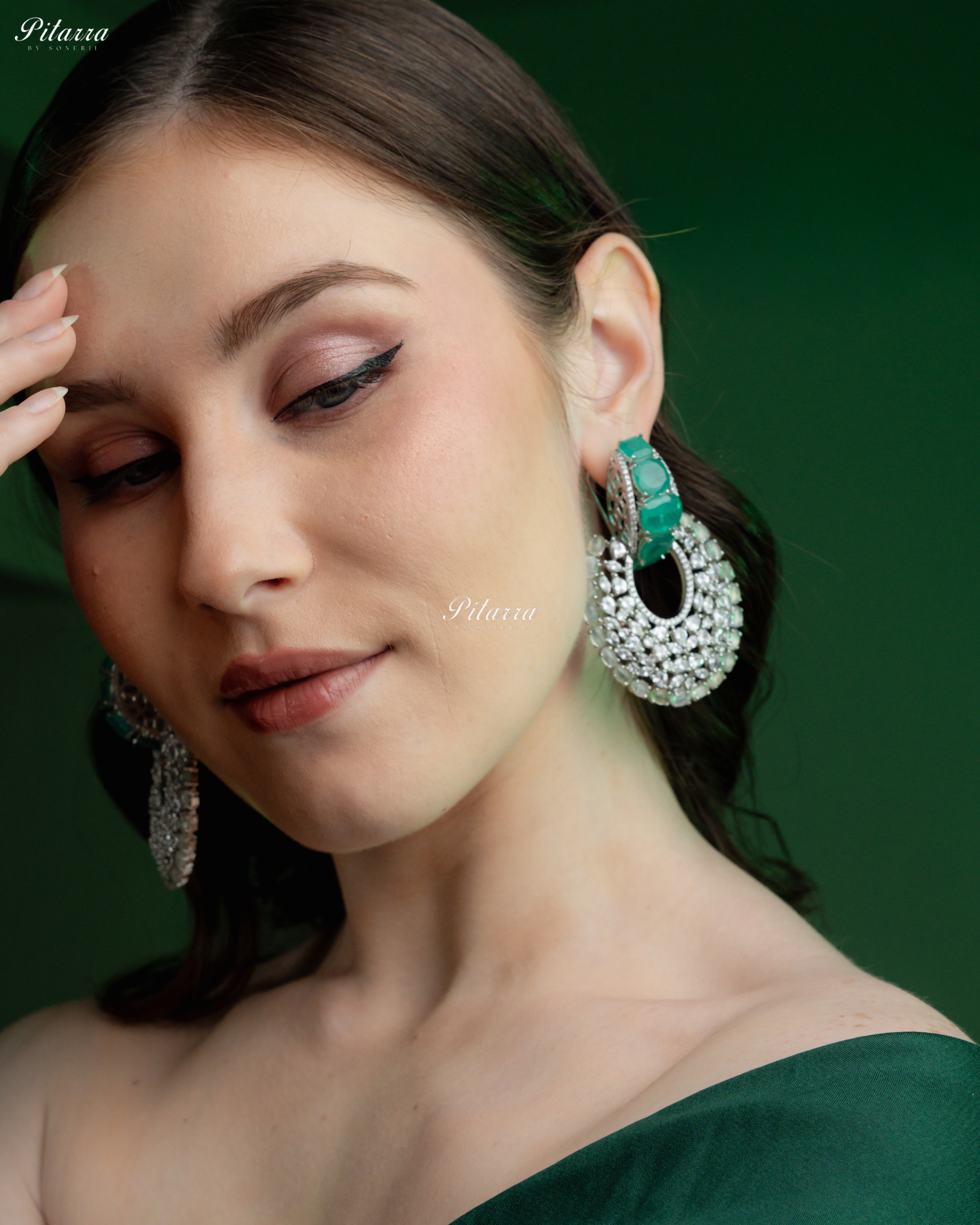Green Stone White Layer Cubic Zirconia Dangler Earrings