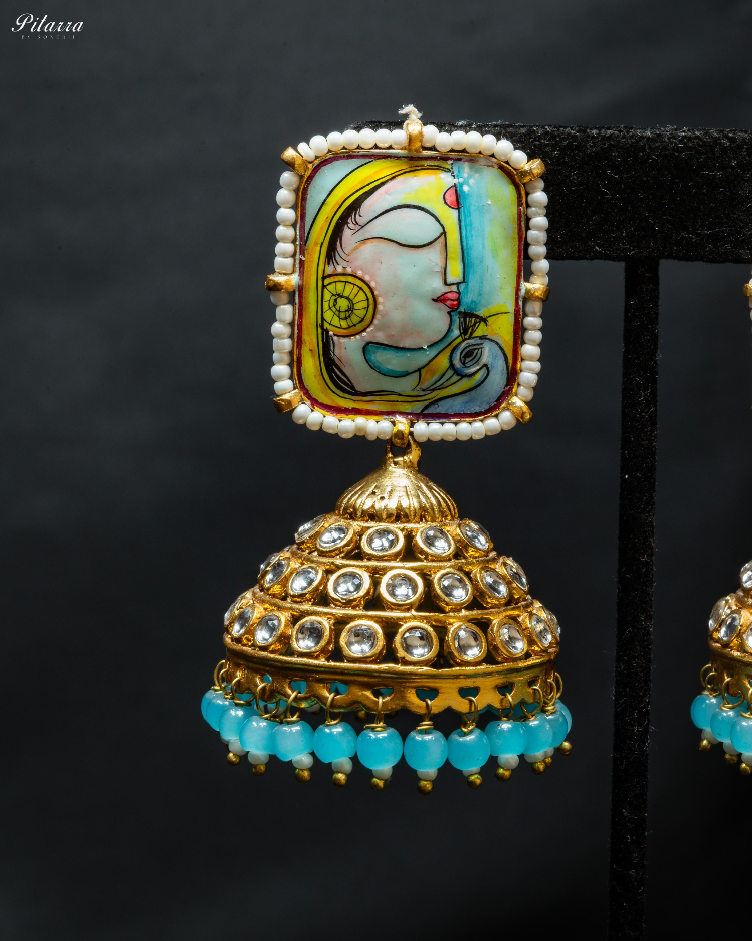 Anuradha Blue Art Golden Jhumka Earrings