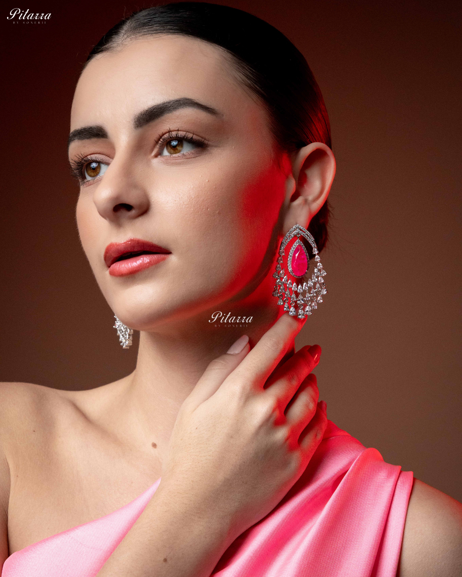 Pink Stone Silver CZ Dangle Earrings