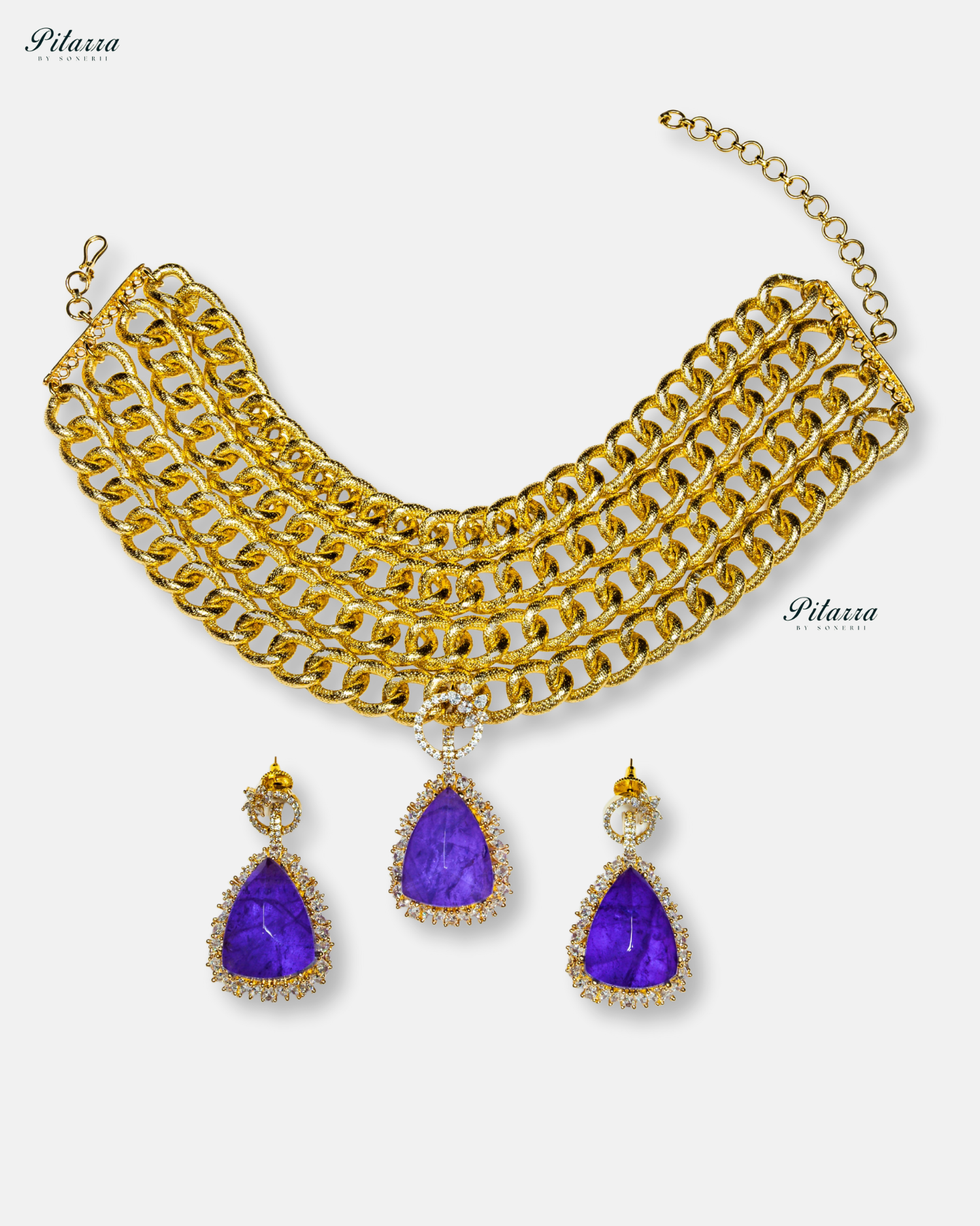 Golden Multilayered Blue Stone Statement Pendant Chain Choker