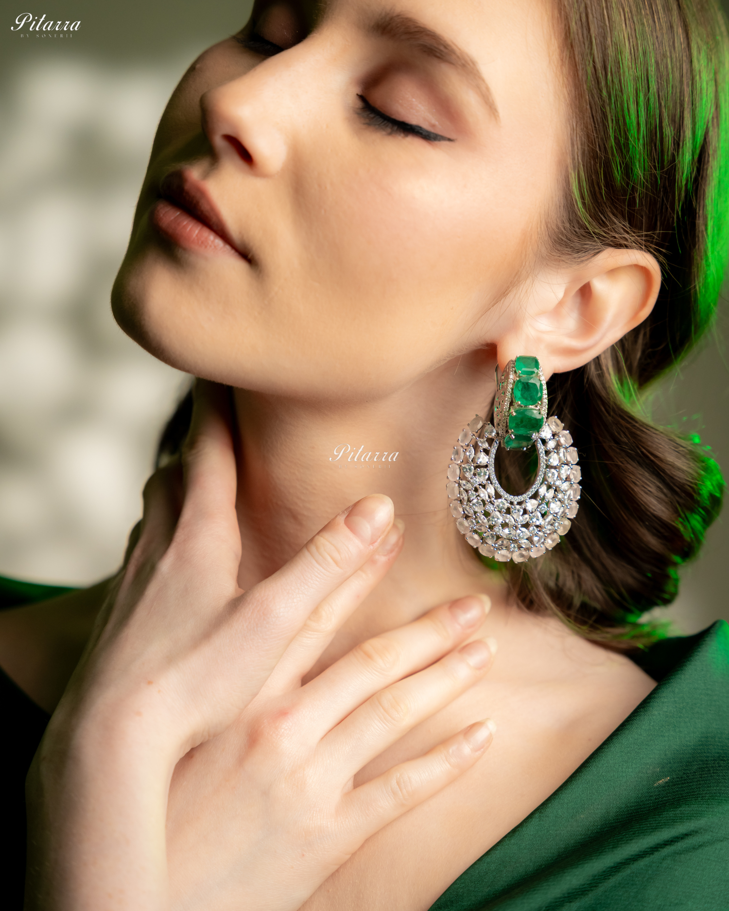 Emerald Stone White Layer Cubic Zirconia Dangler Earrings