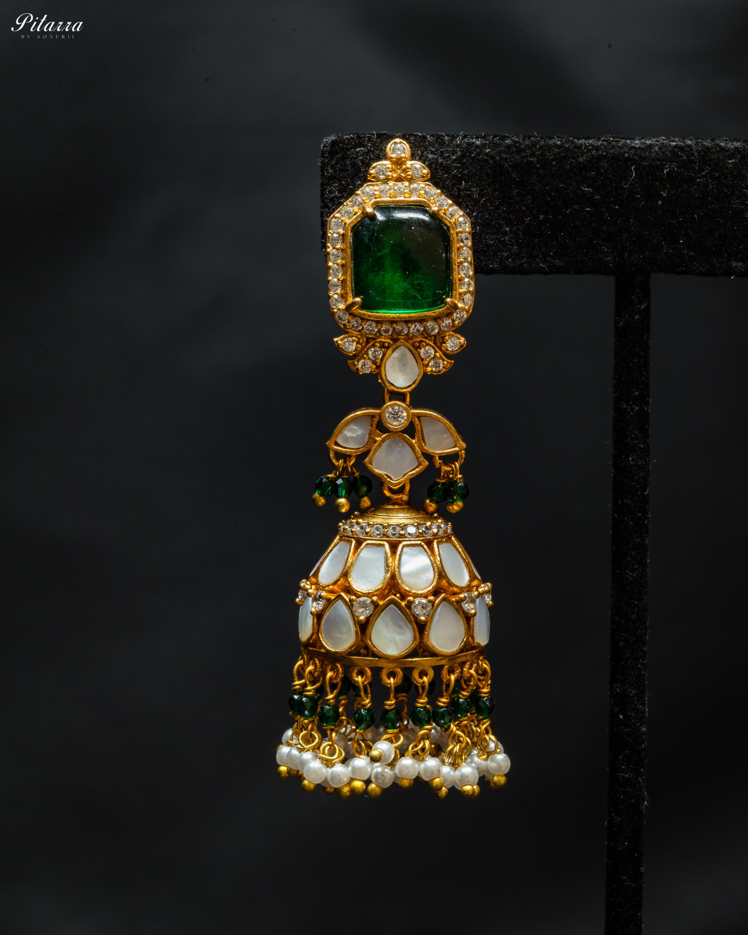 Gold Plated Emerald Kundan Jhumka Earrings