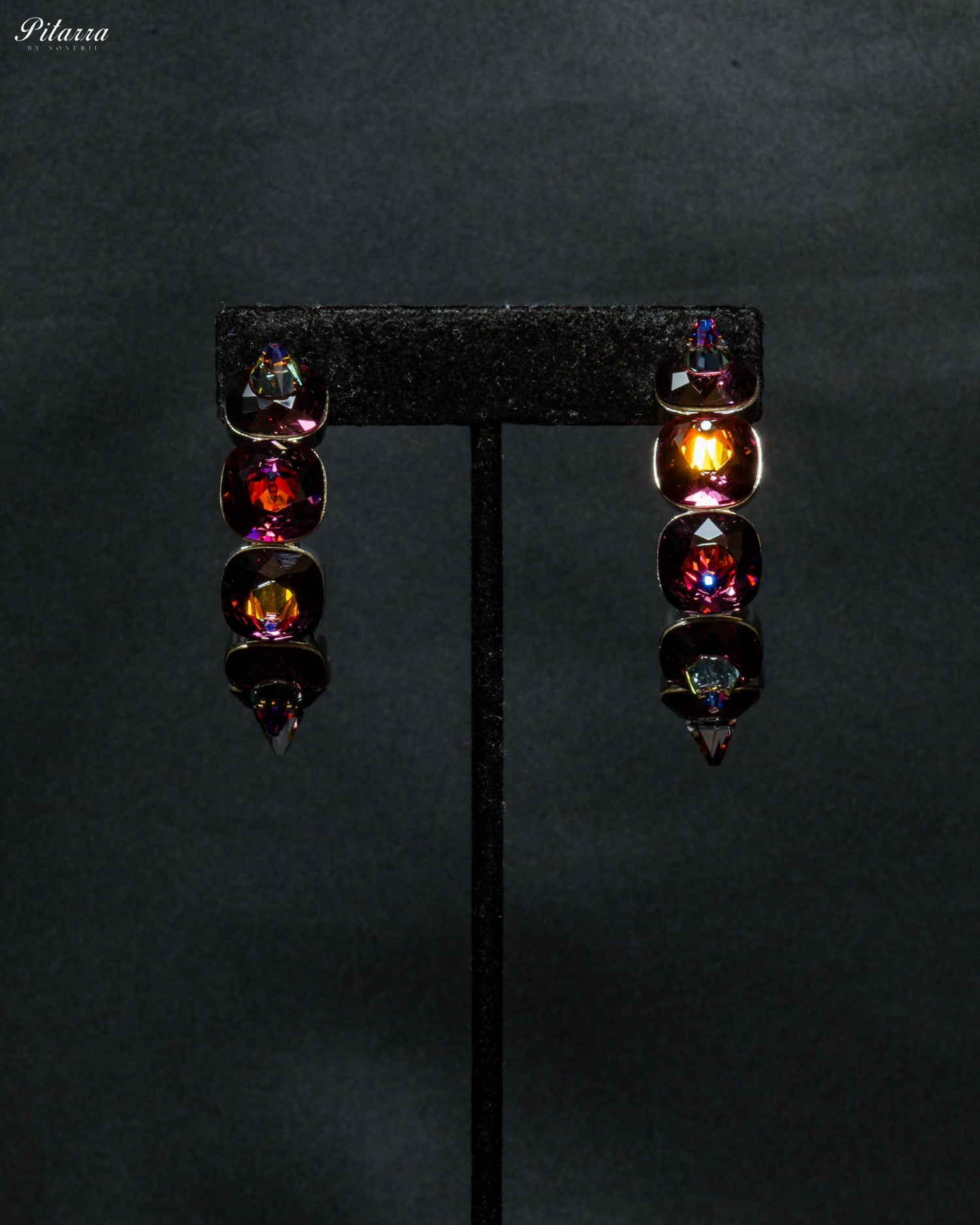 Wine Red Stone Pyramid Cut Crystal Dangle Earrings