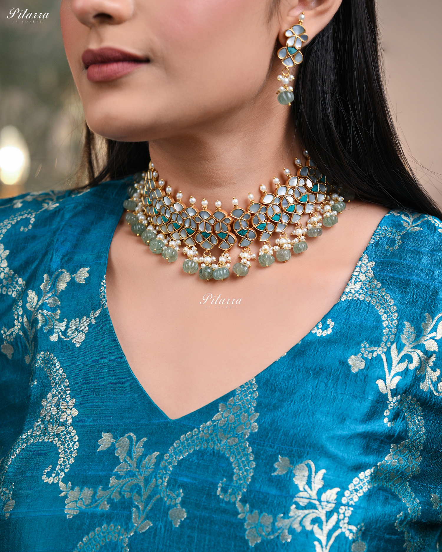 Green Beads Gold Finish Traditional Kundan Choker Set