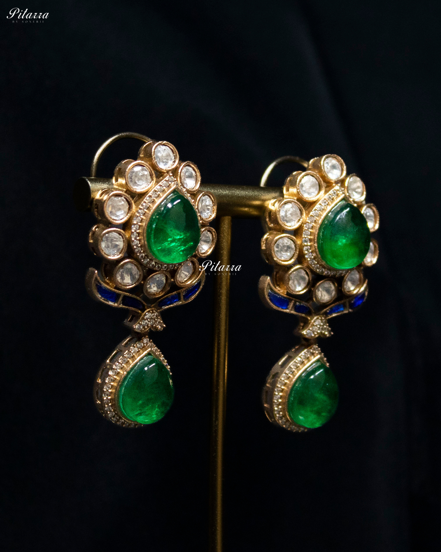 Emerald Drop Blue Line Victorian Polki Kundan Necklace Set