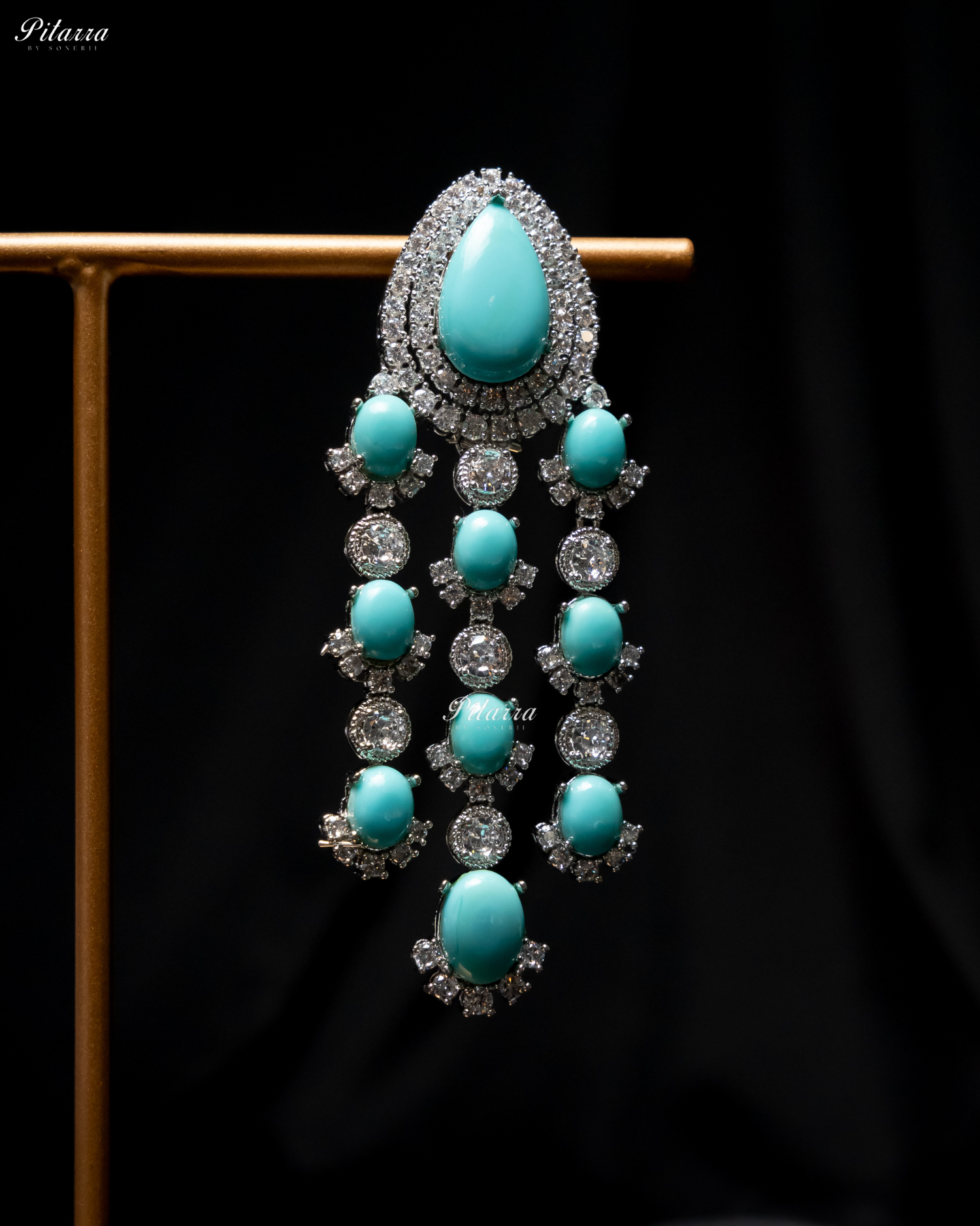 Turquiose Blue Stone Silver Multi Layer CZ Necklace Set