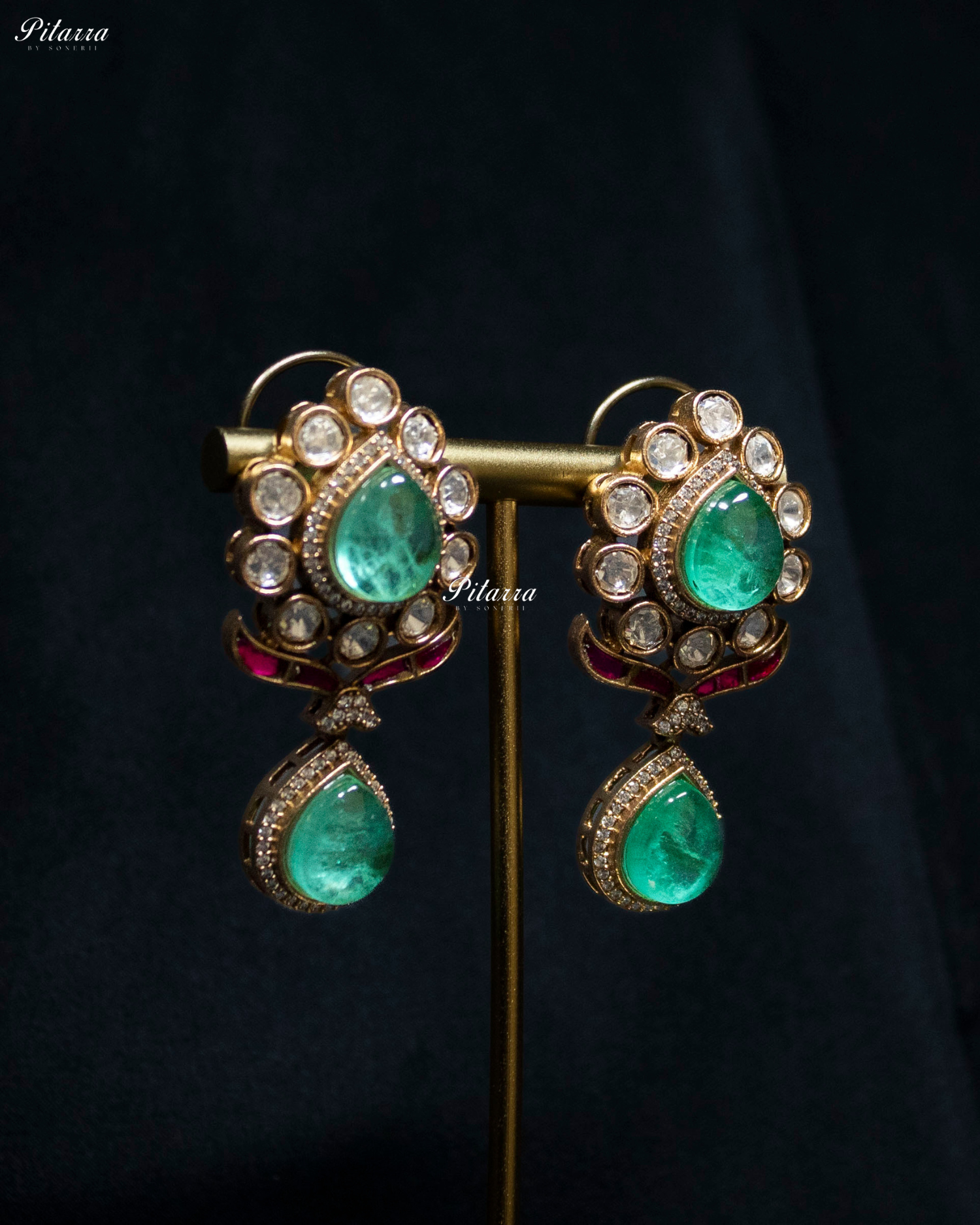 Green Drop Pink Line Victorian Polki Kundan Necklace Set