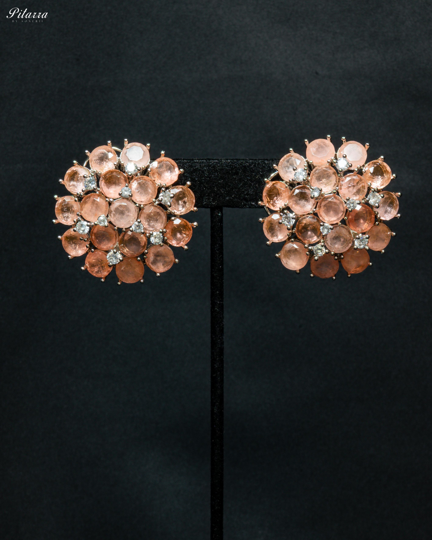 Peach Stone Silver Crystal Stud Earrings