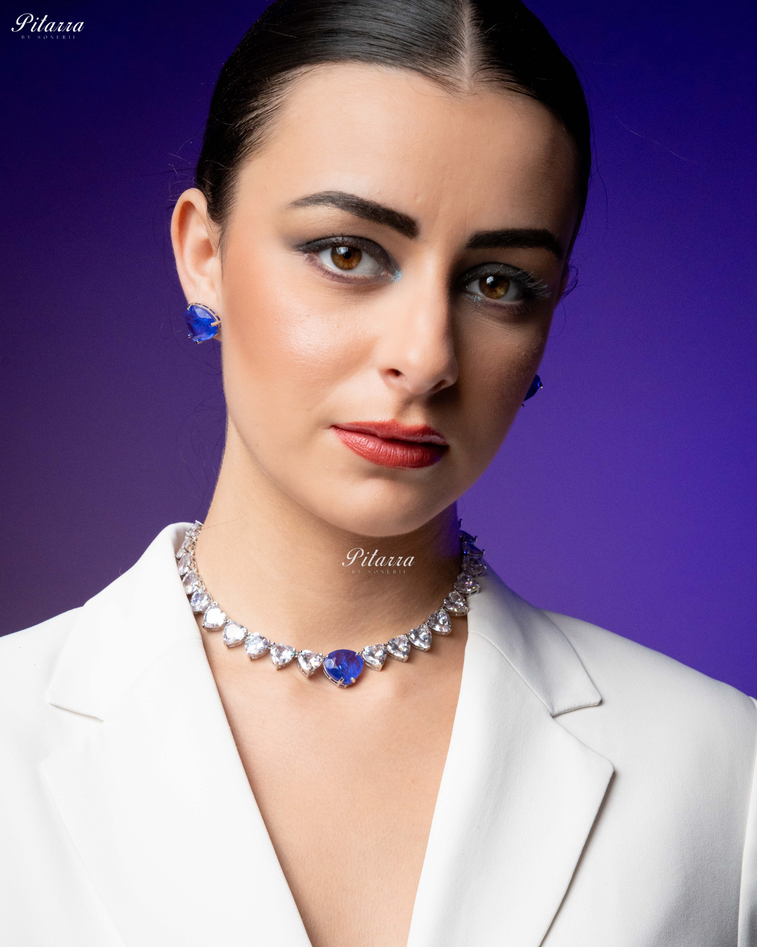 Blue Stone White Heartline Zircon Necklace Set