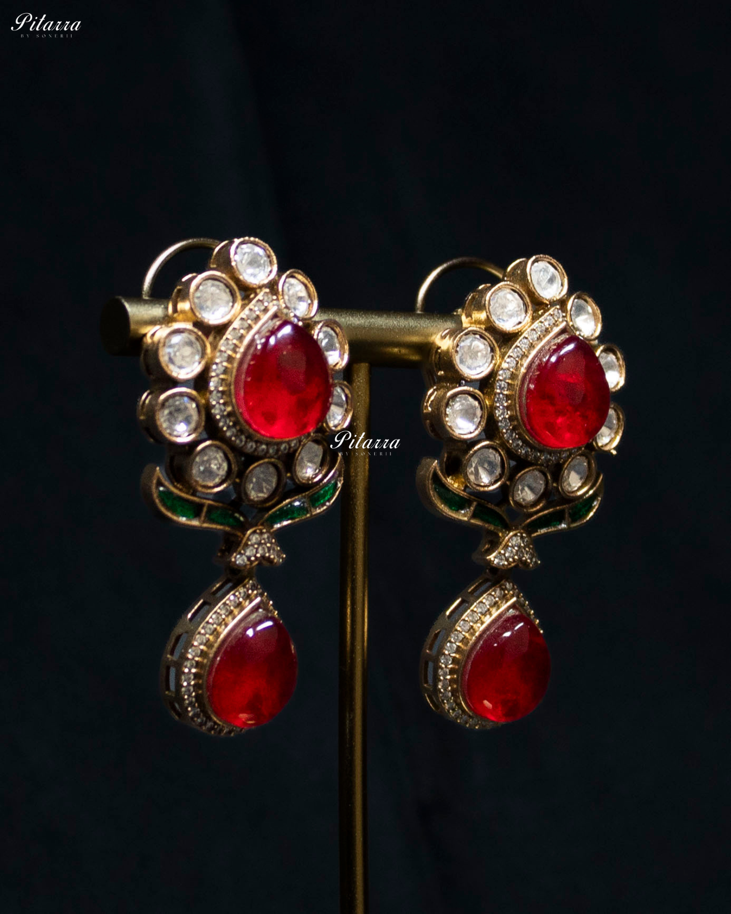 Red Drop Emerald Line Victorian Polki Kundan Necklace Set