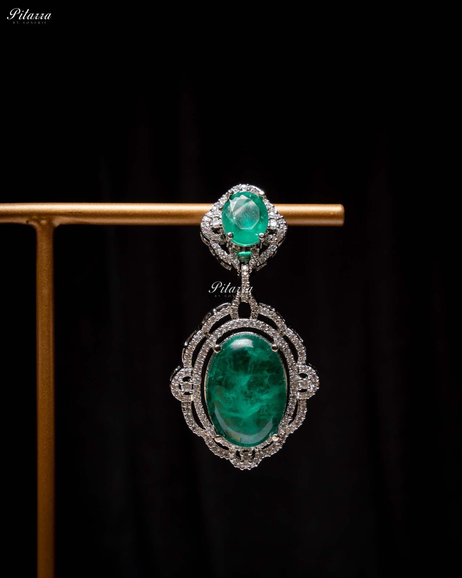 Emerald Stone Silver Finish Tone Crystal Necklace Set