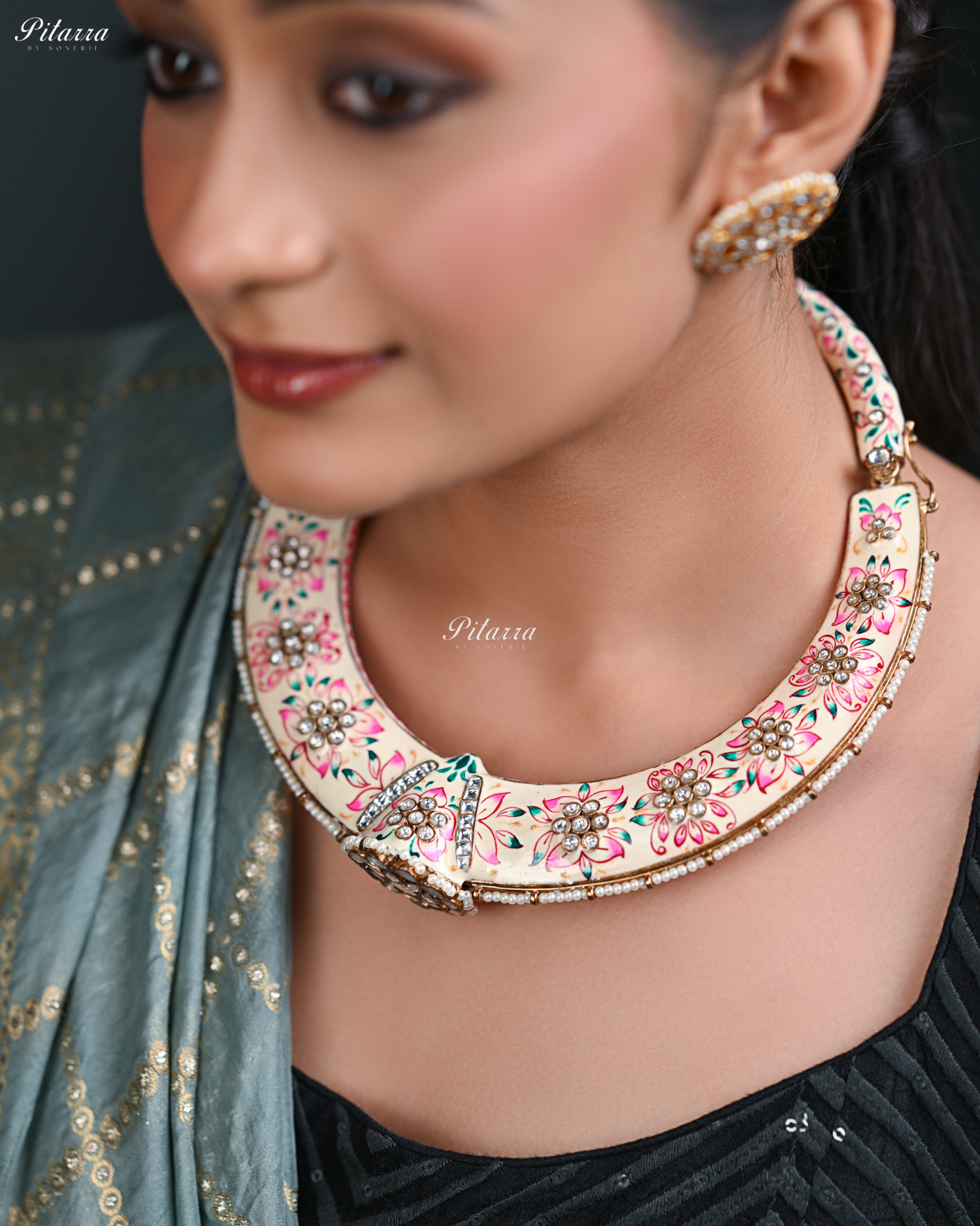 Rajwada Pink Floral Meenakari Kundan Choker Set