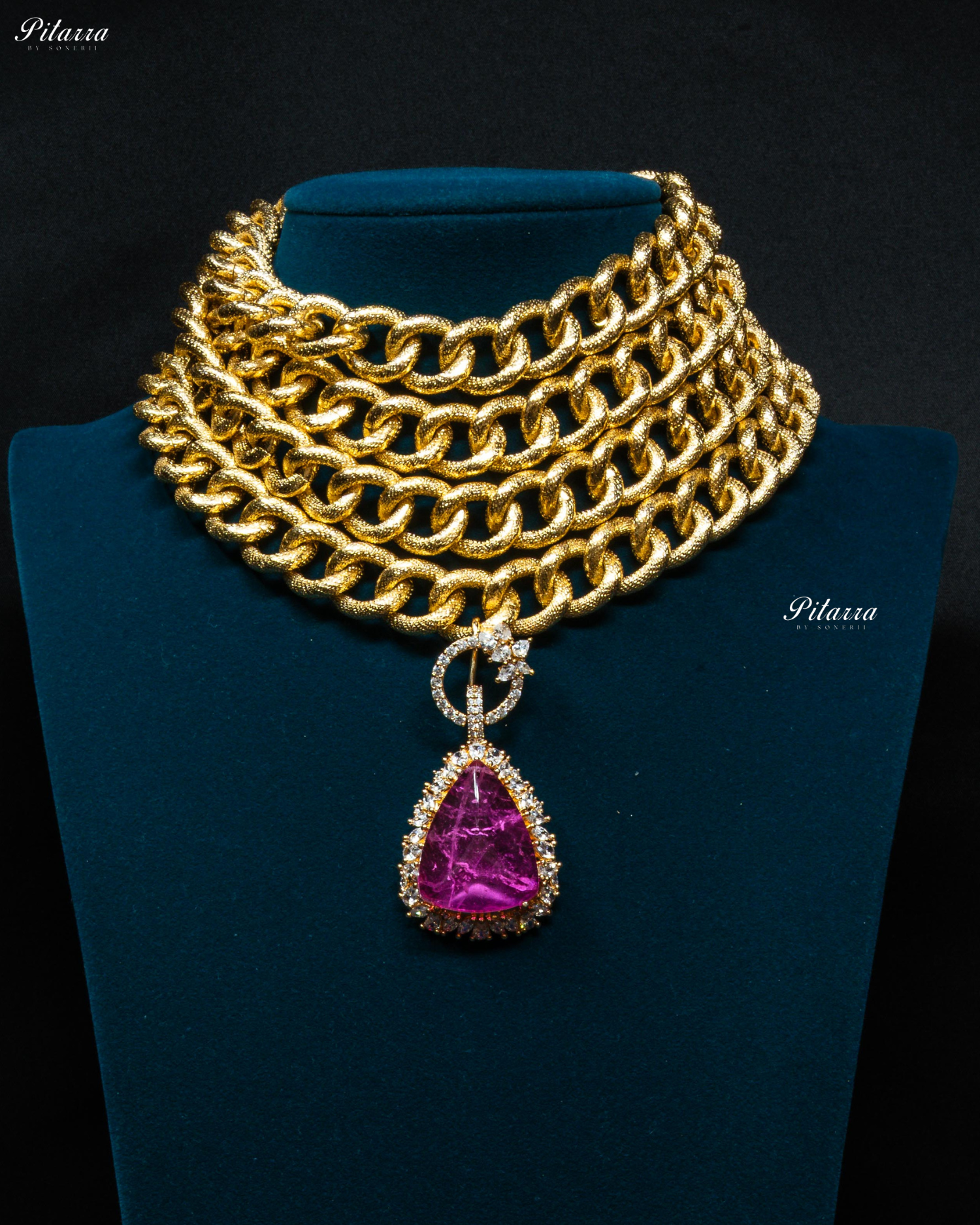 Golden Multilayered Pink Stone Statement Pendant Chain Choker