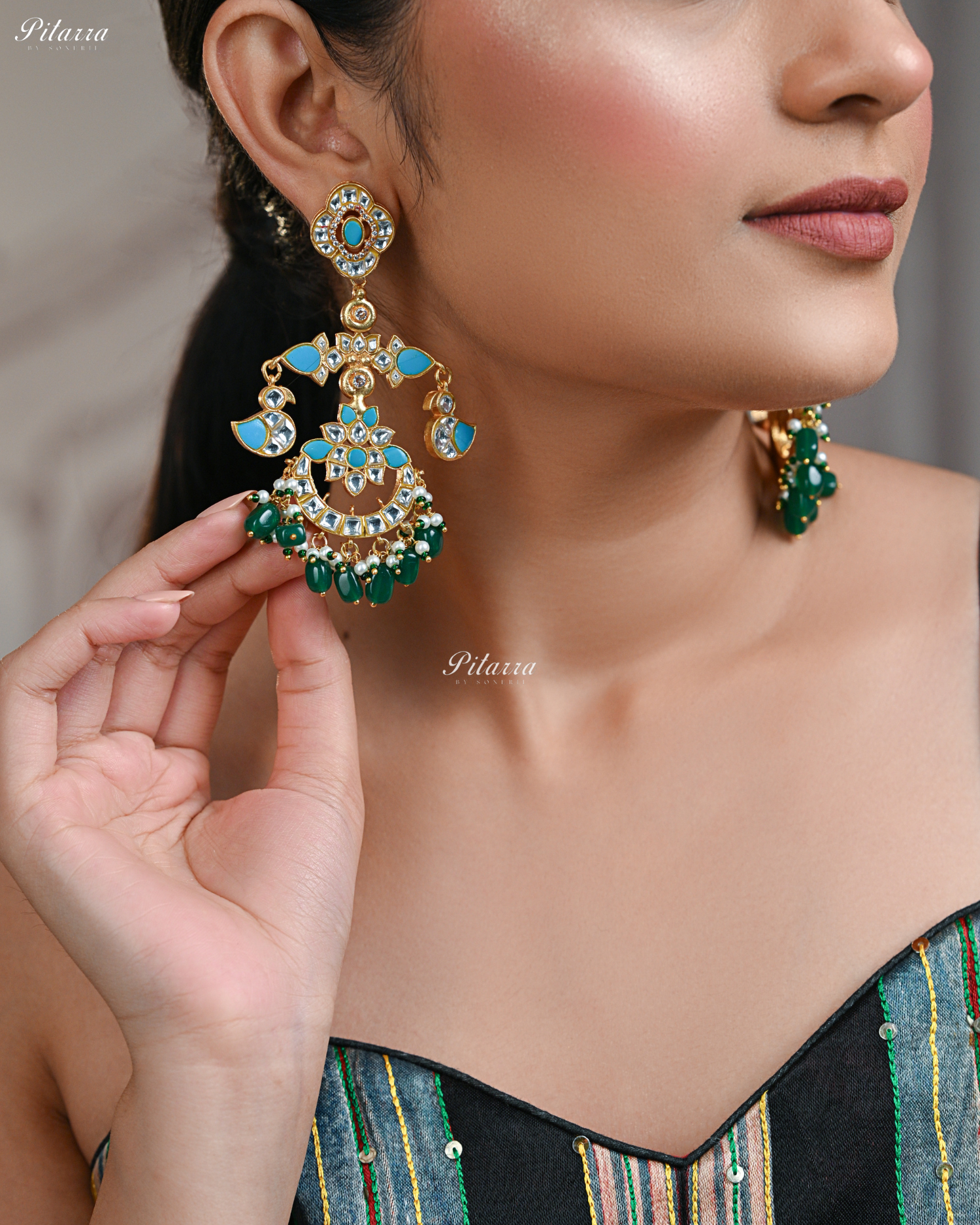 Firoza Stone Kundan Chandbaali Earrings