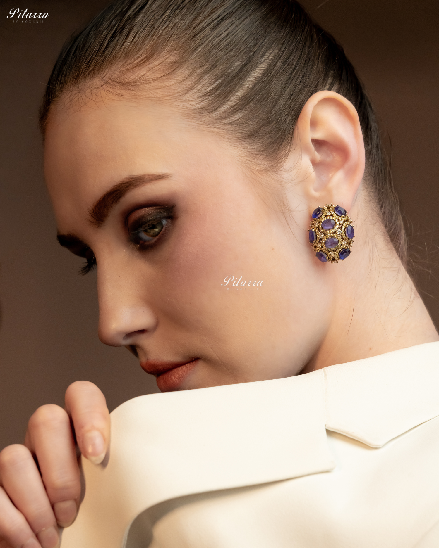 Purple Stone Golden Crystal Stud Earrings