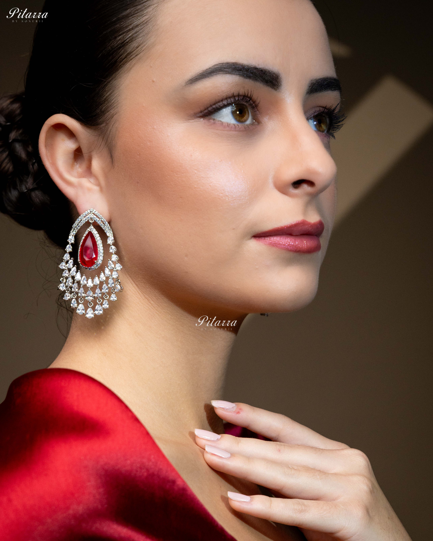 Red Stone Silver CZ Dangle Earrings