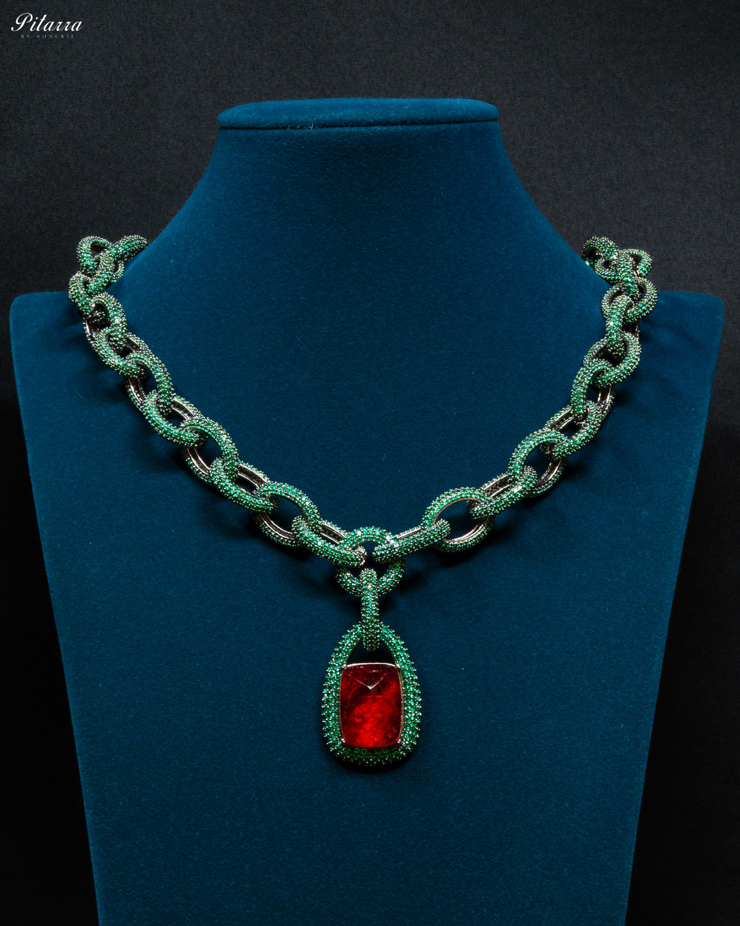 Red Stone Green Chain CZ Necklace Set