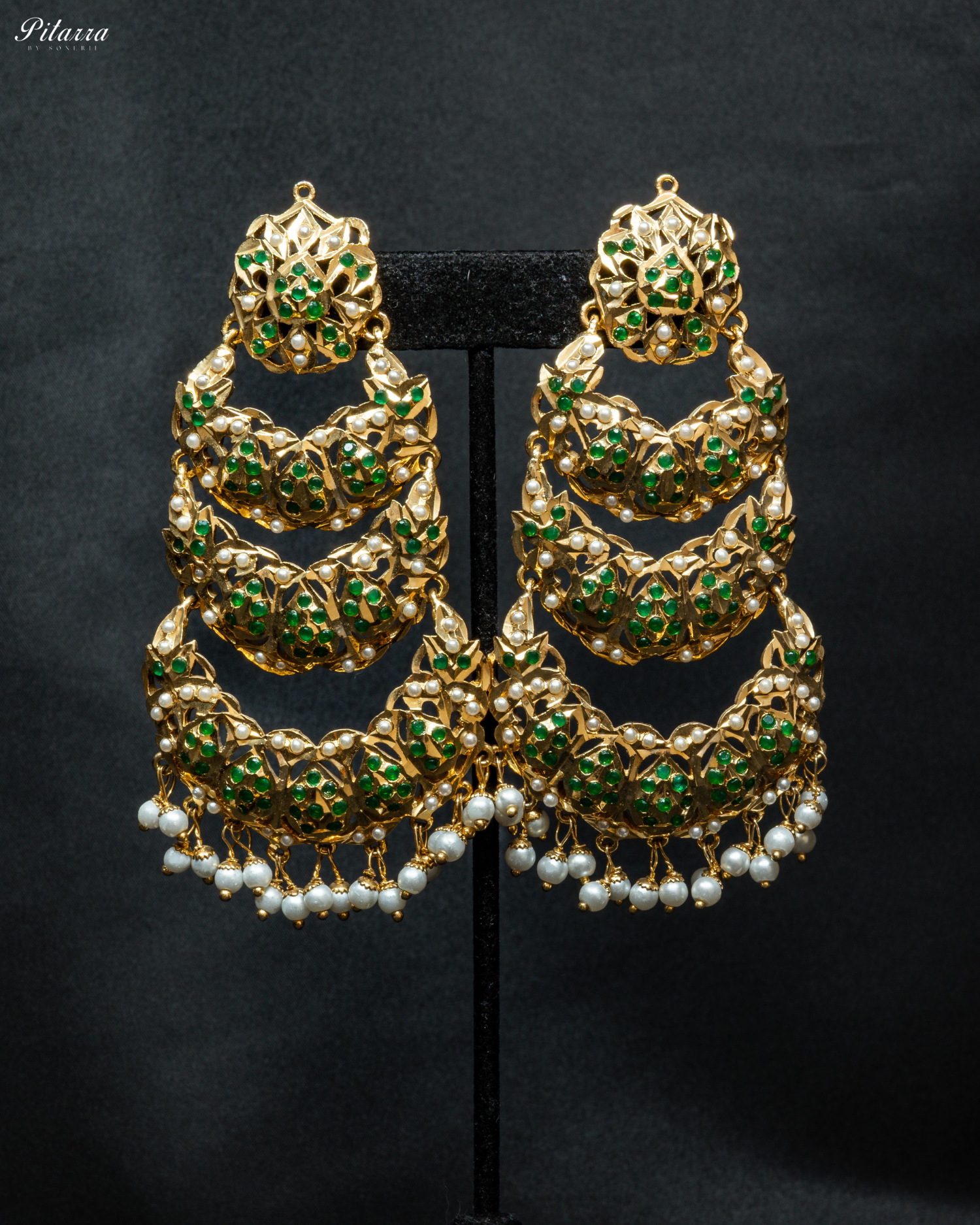 Green Stones Triple Layered Jadau Chandbali Earrings