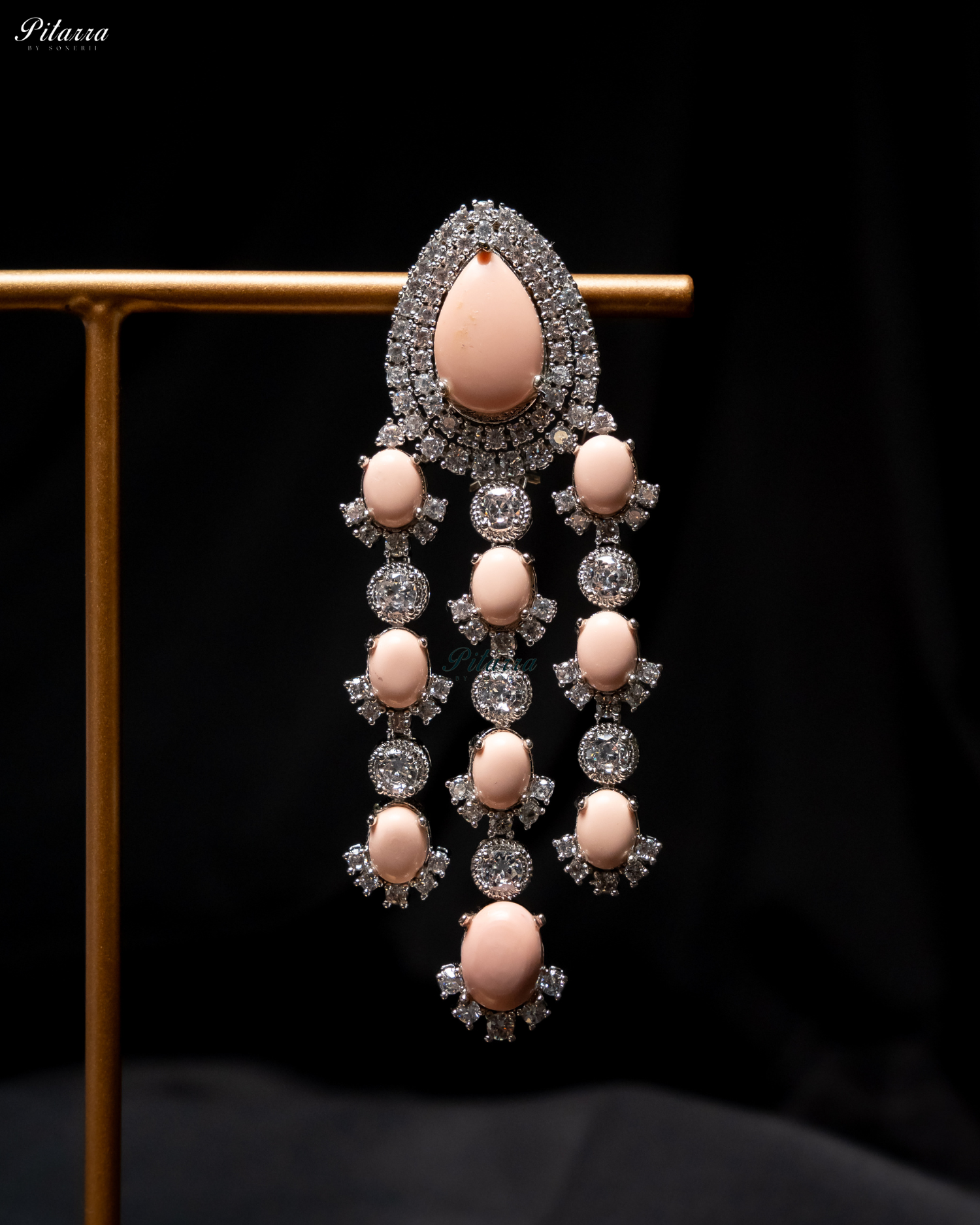 Peach Stone Silver Multi Layer CZ Necklace Set