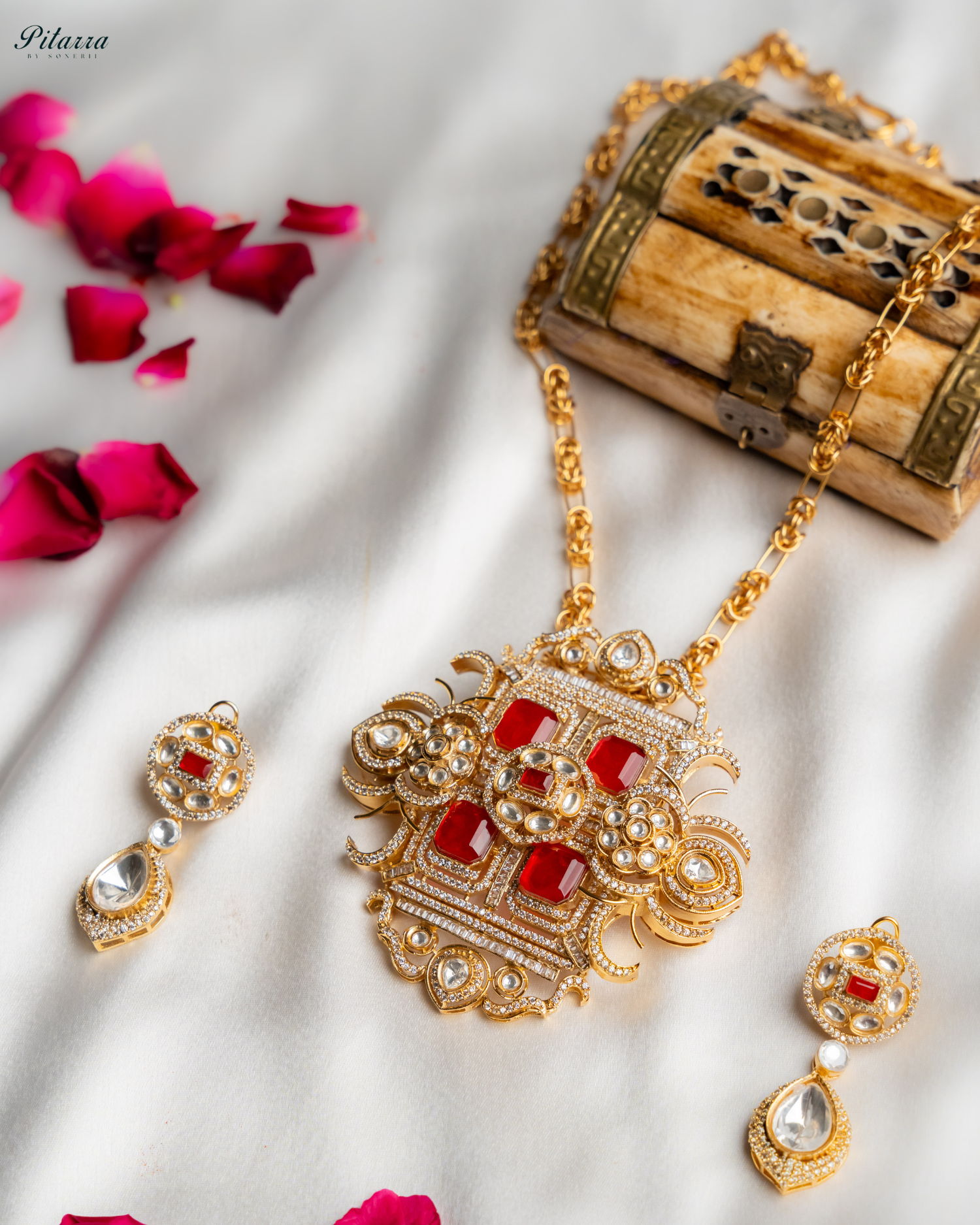 Red Moissanite Stone Long Necklace Set