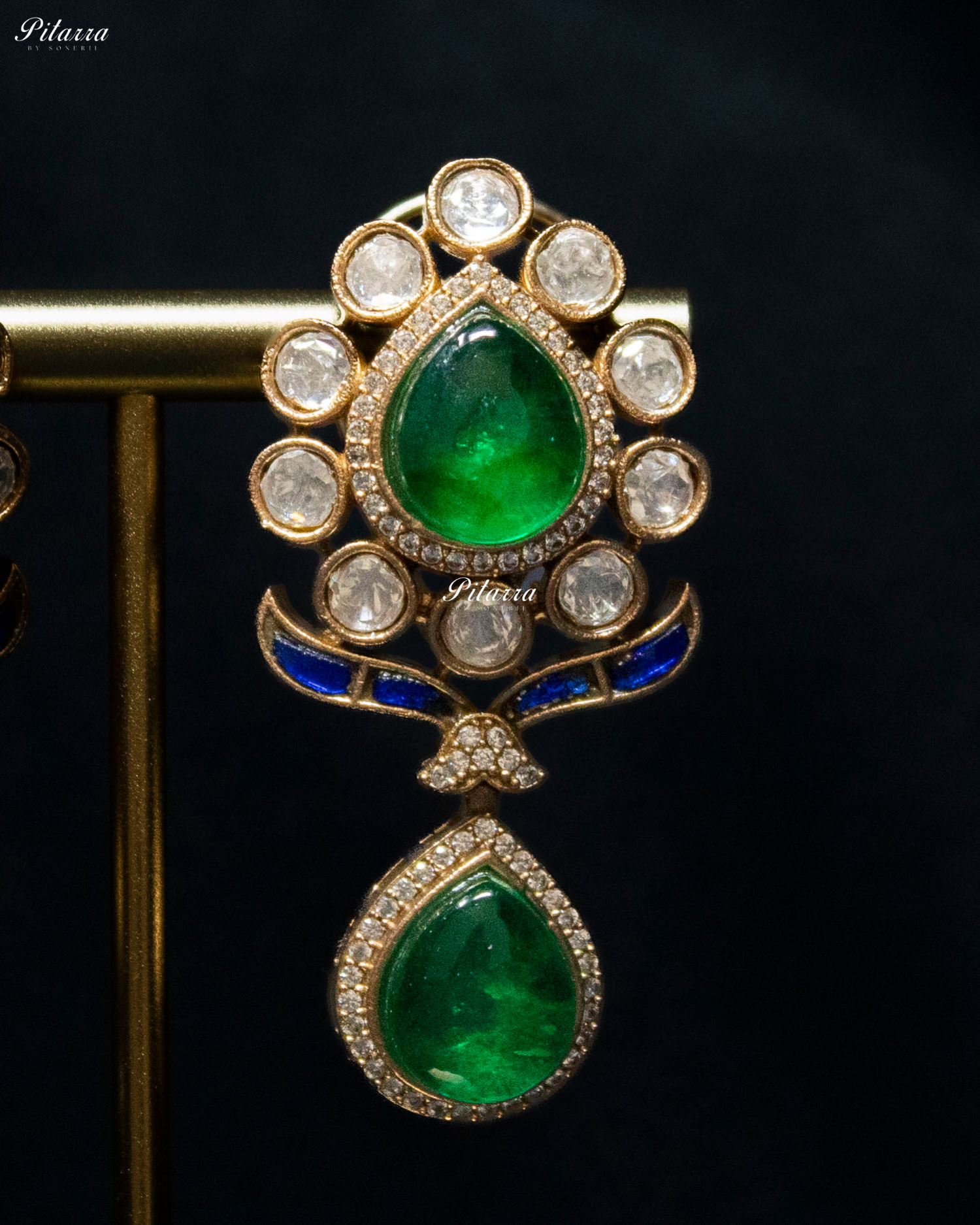 Emerald Drop Blue Line Victorian Polki Kundan Necklace Set