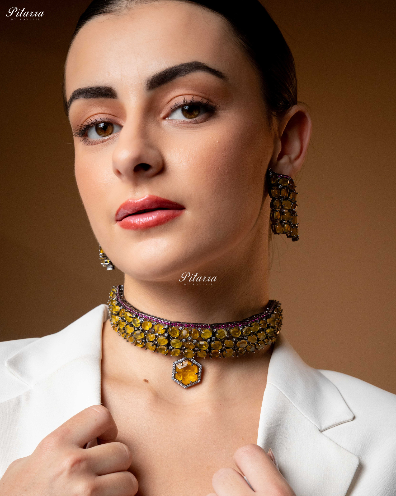 Yellow Stone Purple Lining Crystal Choker Set