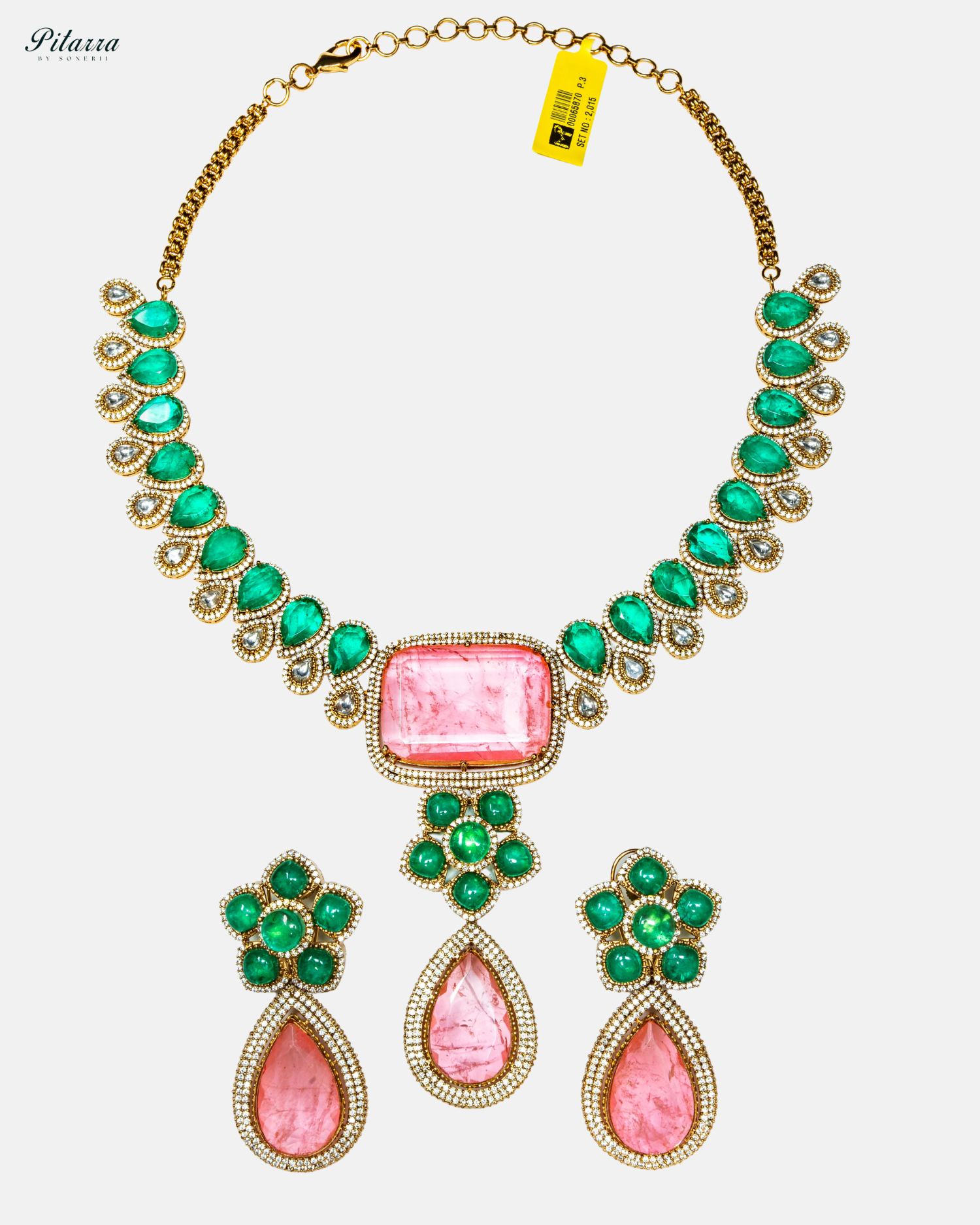 Two Tone Stone Tear Drop Carved Necklace Set