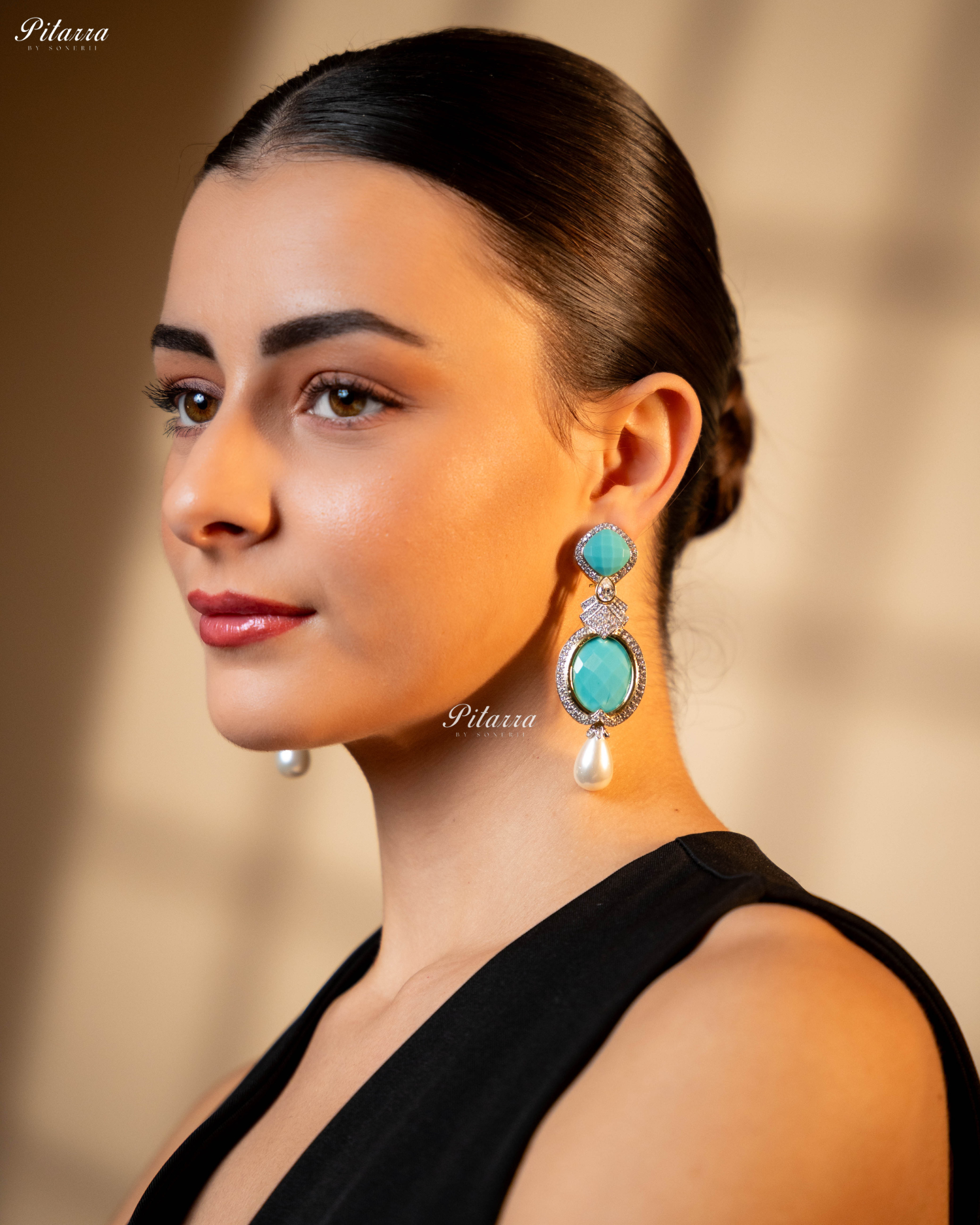 Turquoise Blue Pearl Stone Silver CZ Dangler Earrings