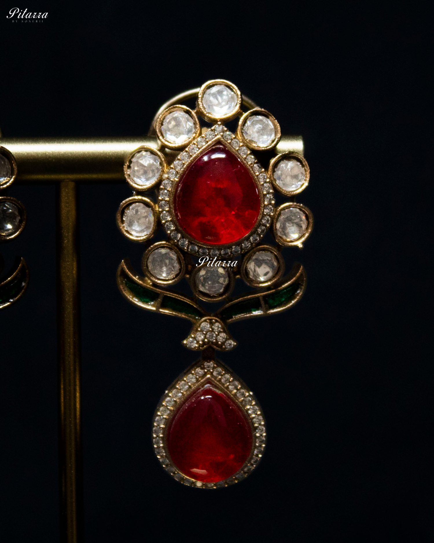 Red Drop Emerald Line Victorian Polki Kundan Necklace Set