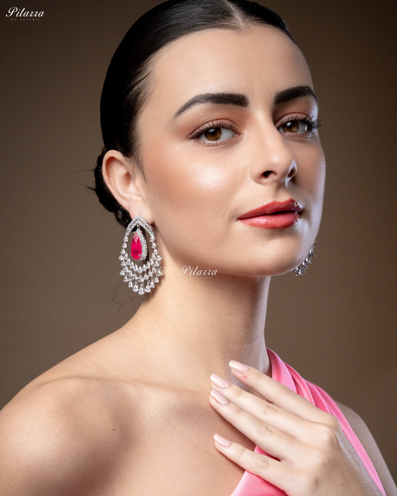 Pink Stone Silver CZ Dangle Earrings