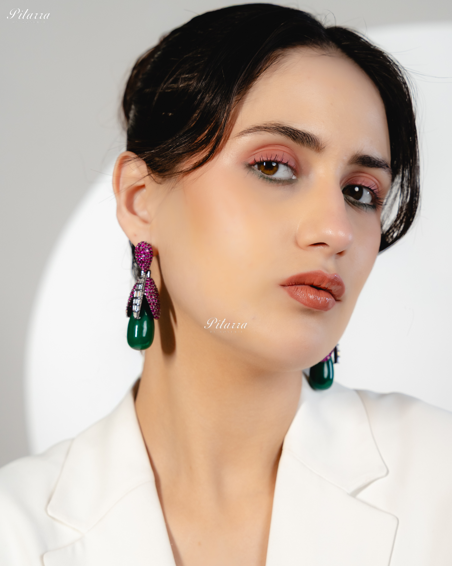 Pink Leaf Emerald Teardrop CZ Crystal Earrings