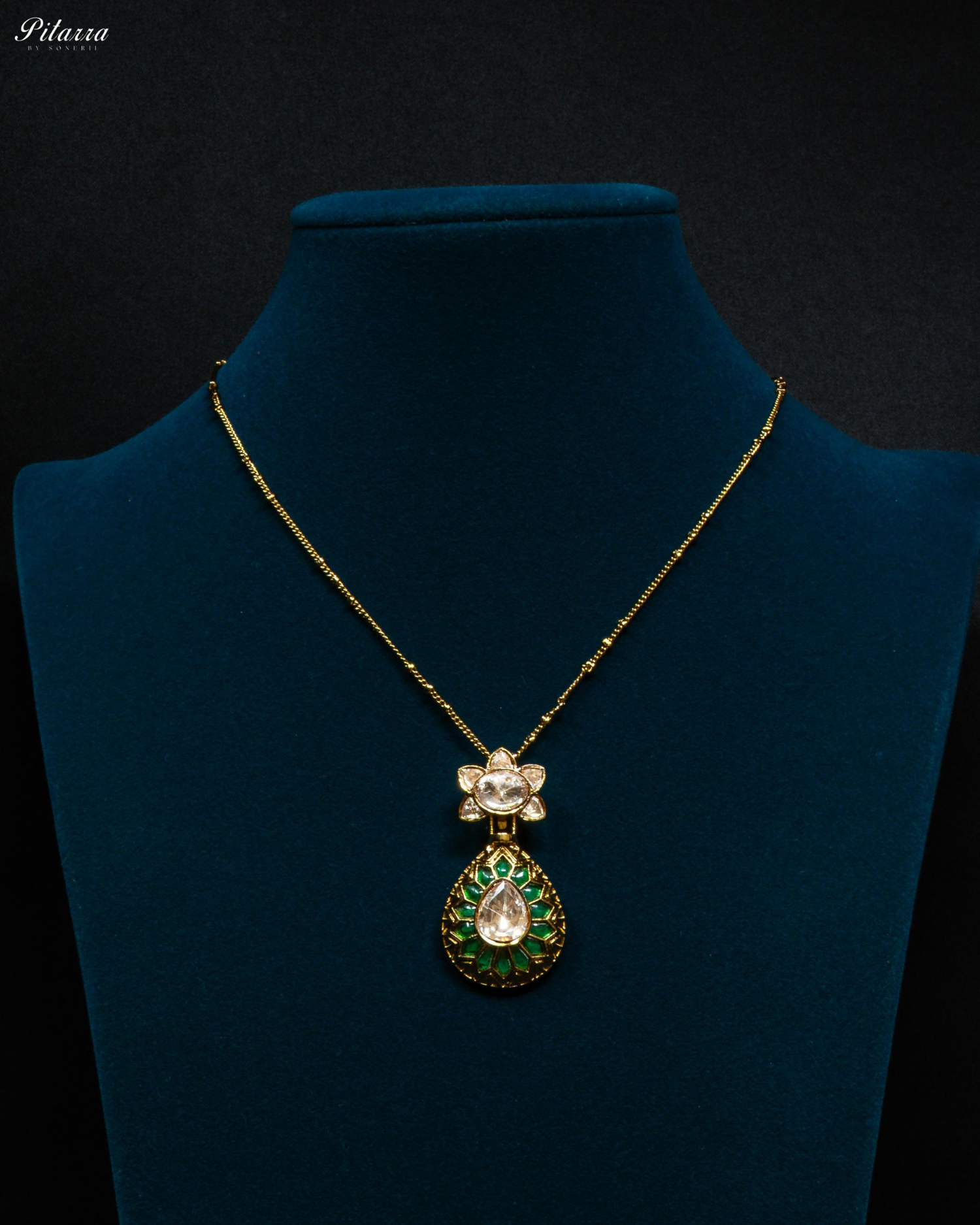 Emerald Floral Polki Kundan Pendant Set