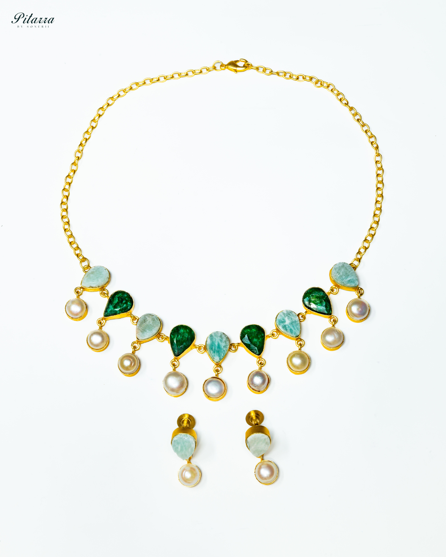 Gold Finish Green Stone Kundan Necklace Set