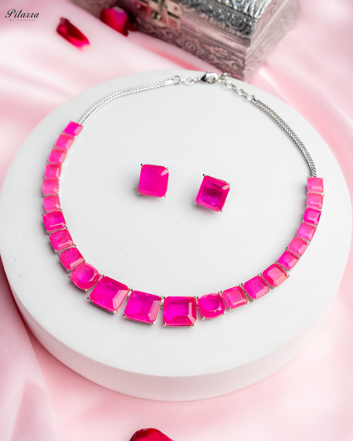 Pink Square Cubic Zirconia Necklace Set