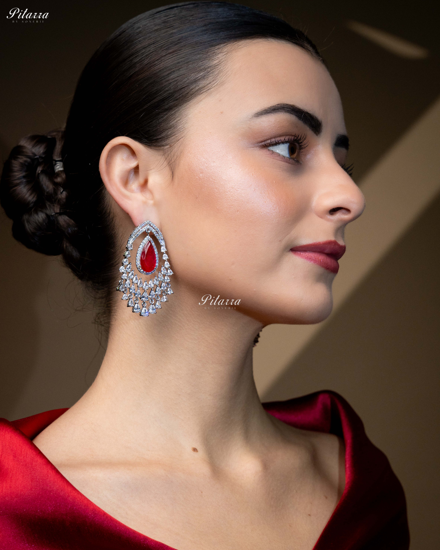 Red Stone Silver CZ Dangle Earrings