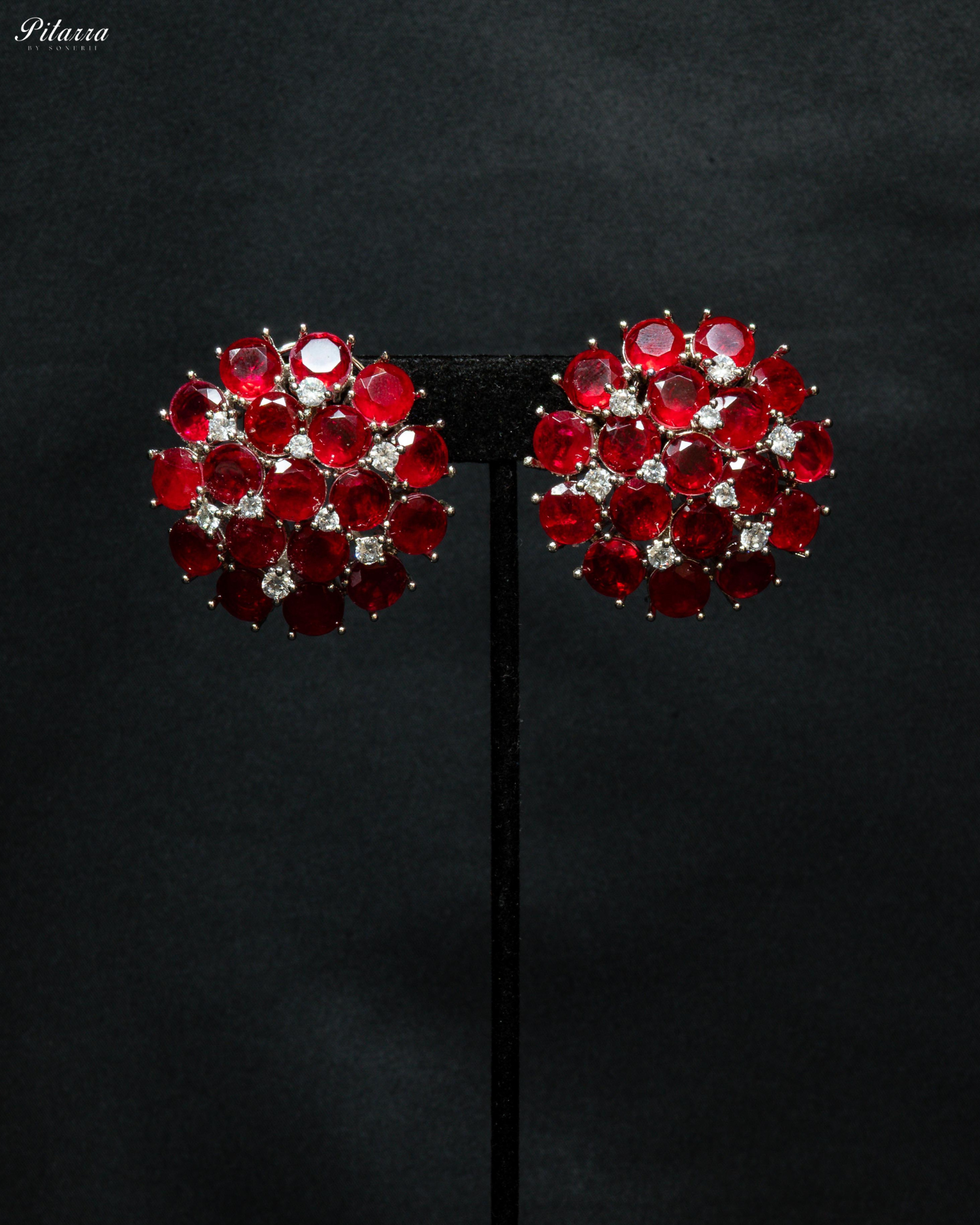 Red Stone Silver Crystal Stud Earrings