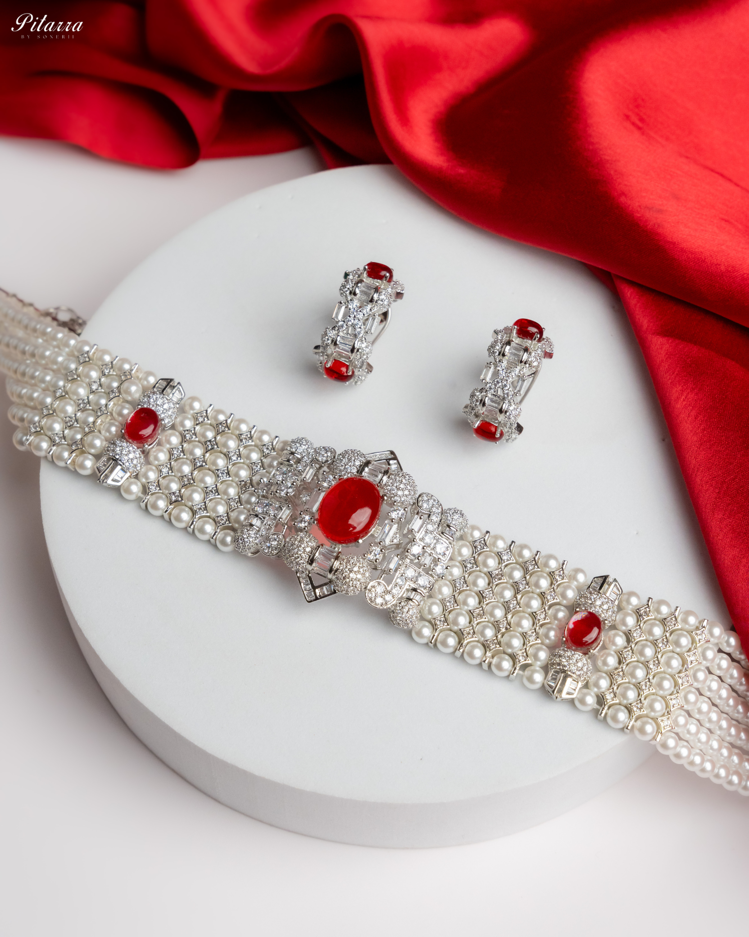 Red Carved Doublet and Pearl Choker