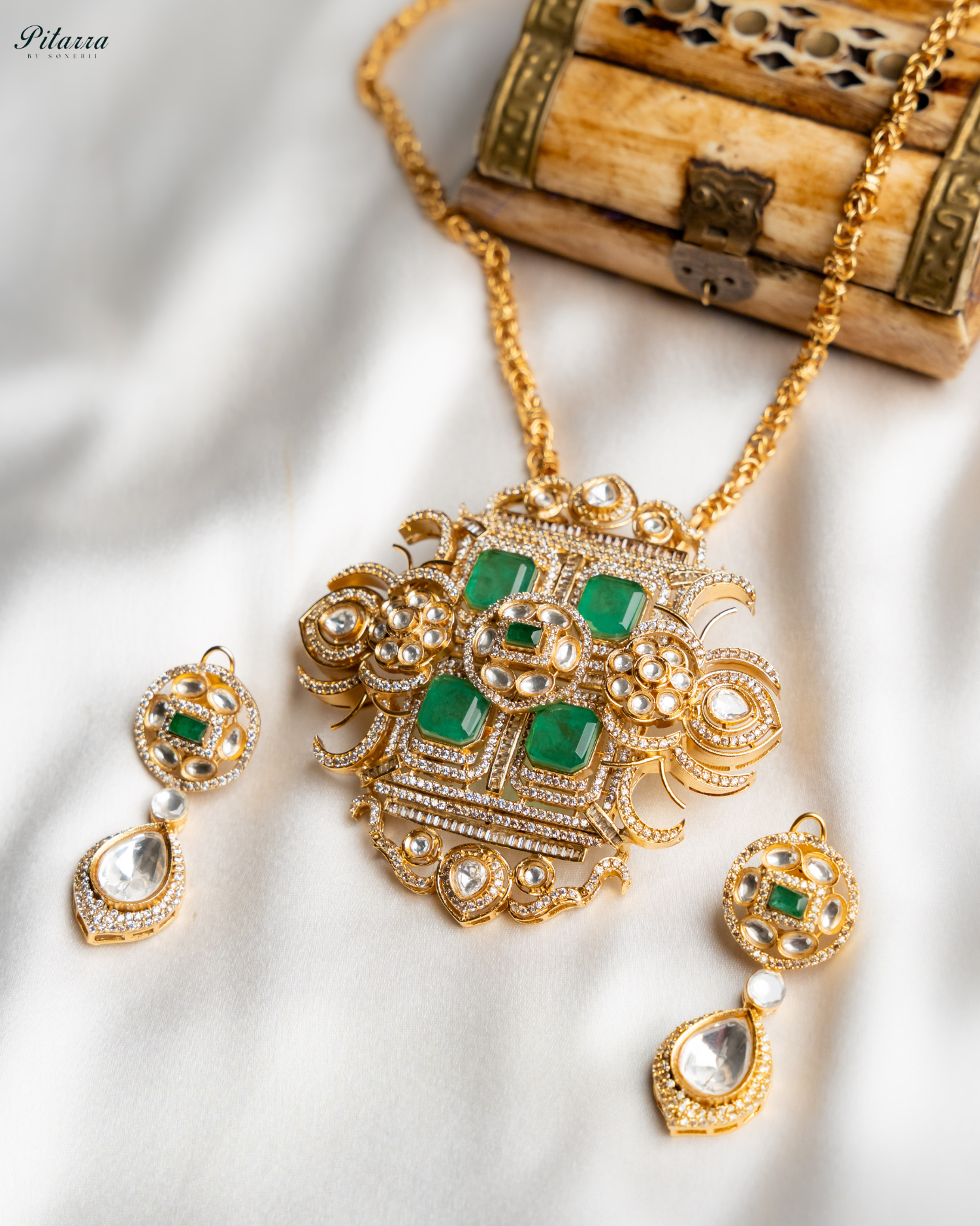 Green Moissanite Stone Long Necklace Set