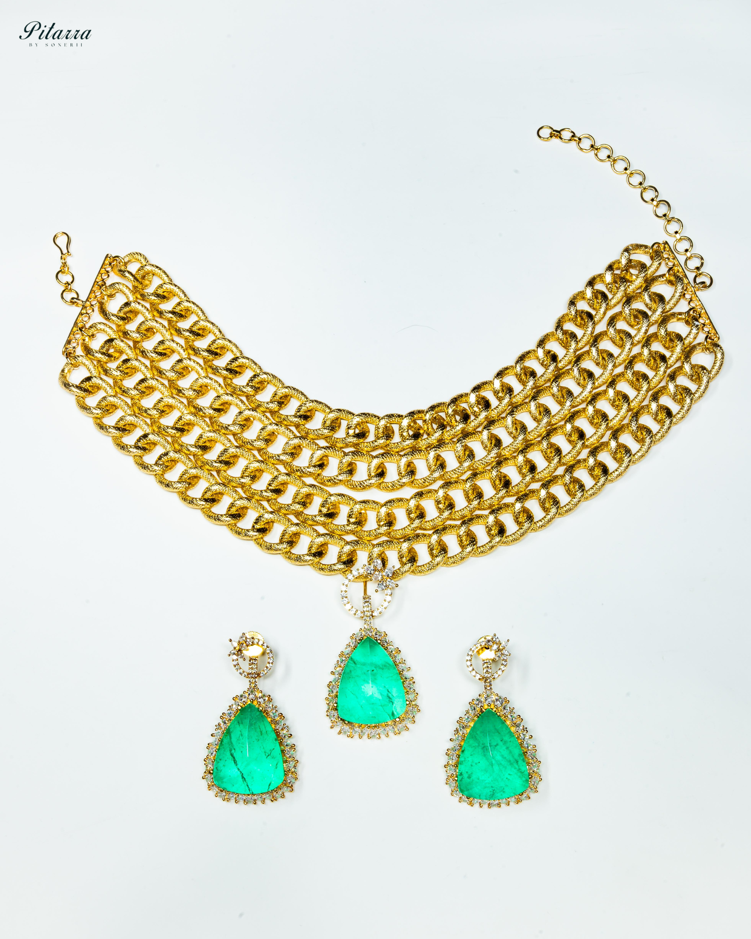 Golden Multilayered Green Stone Statement Pendant Chain Choker