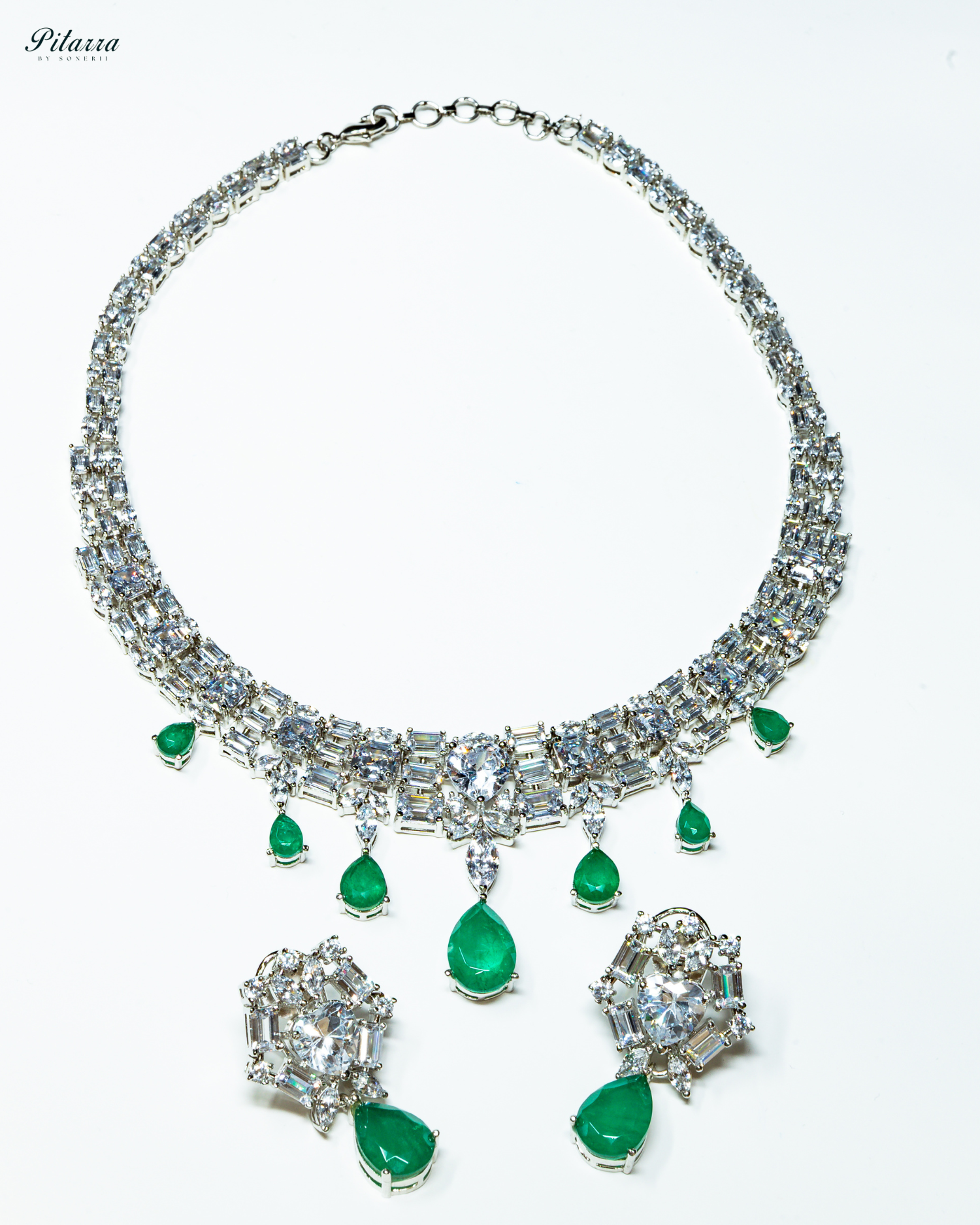 Emerald Drop Cubic Zirconia Studded Necklace Set