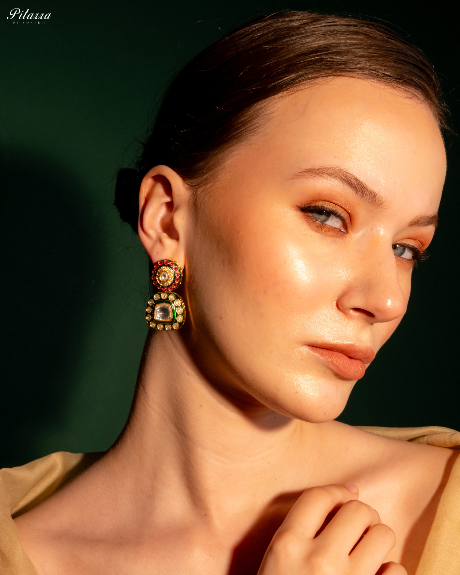 Lauren Green Square Polki Earrings Set
