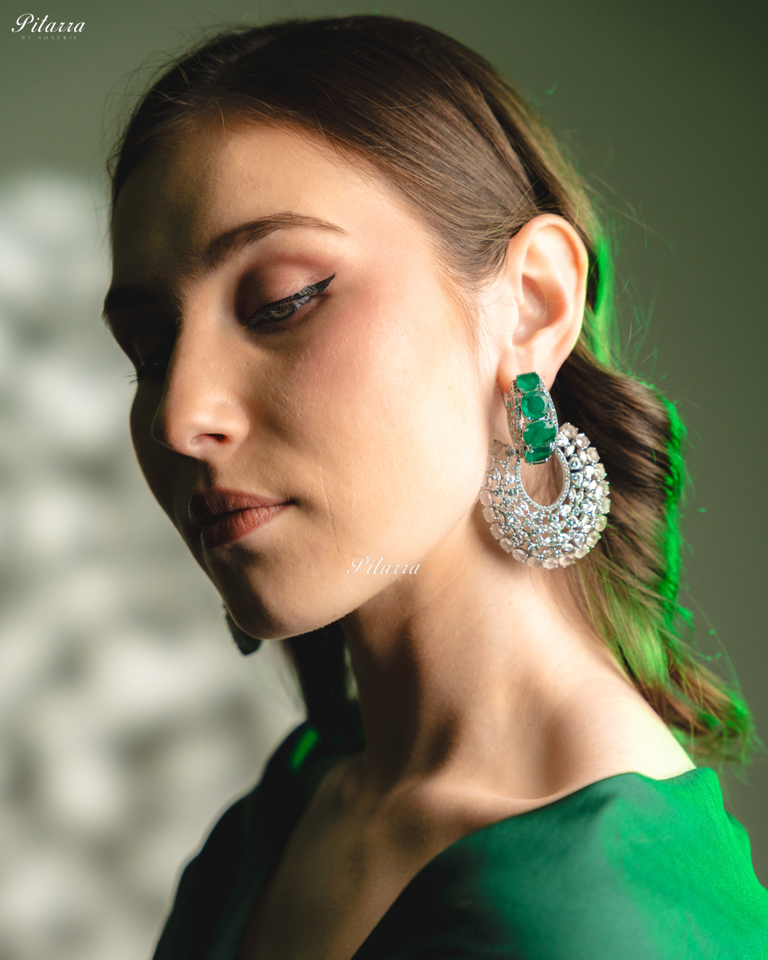 Emerald Stone White Layer Cubic Zirconia Dangler Earrings