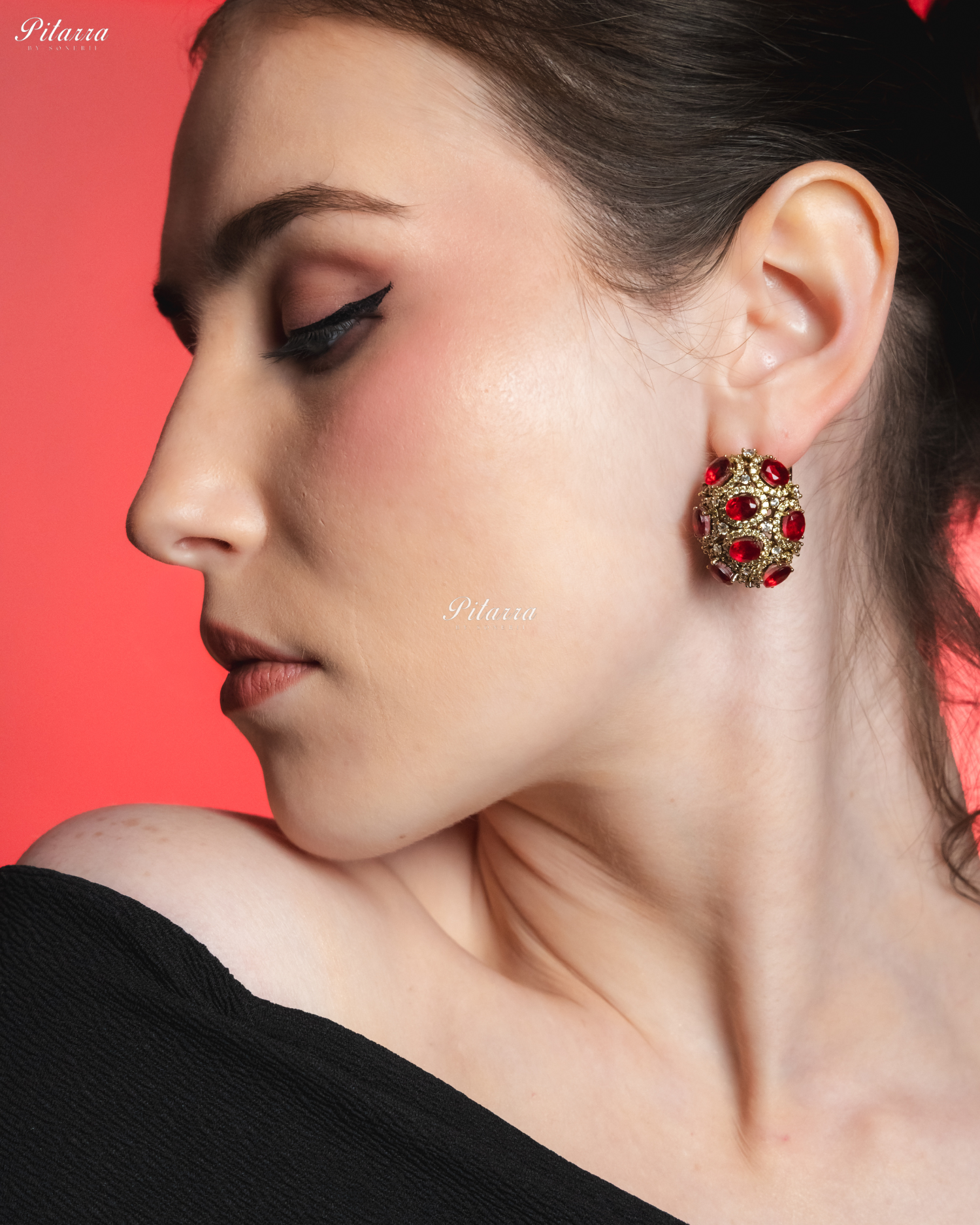 Red Stone Golden Crystal Stud Earrings