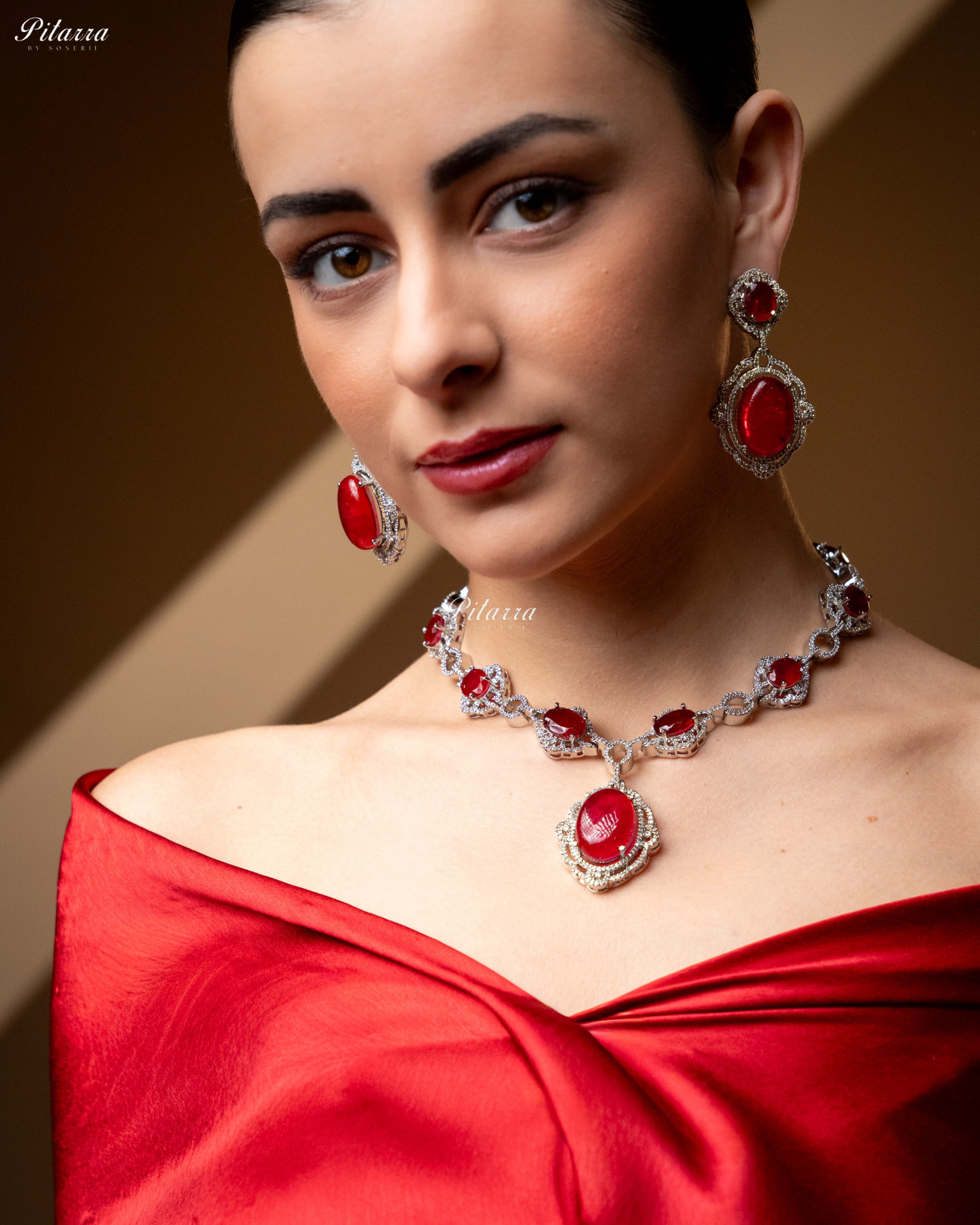 Red Stone Silver Finish Tone Crystal Necklace Set