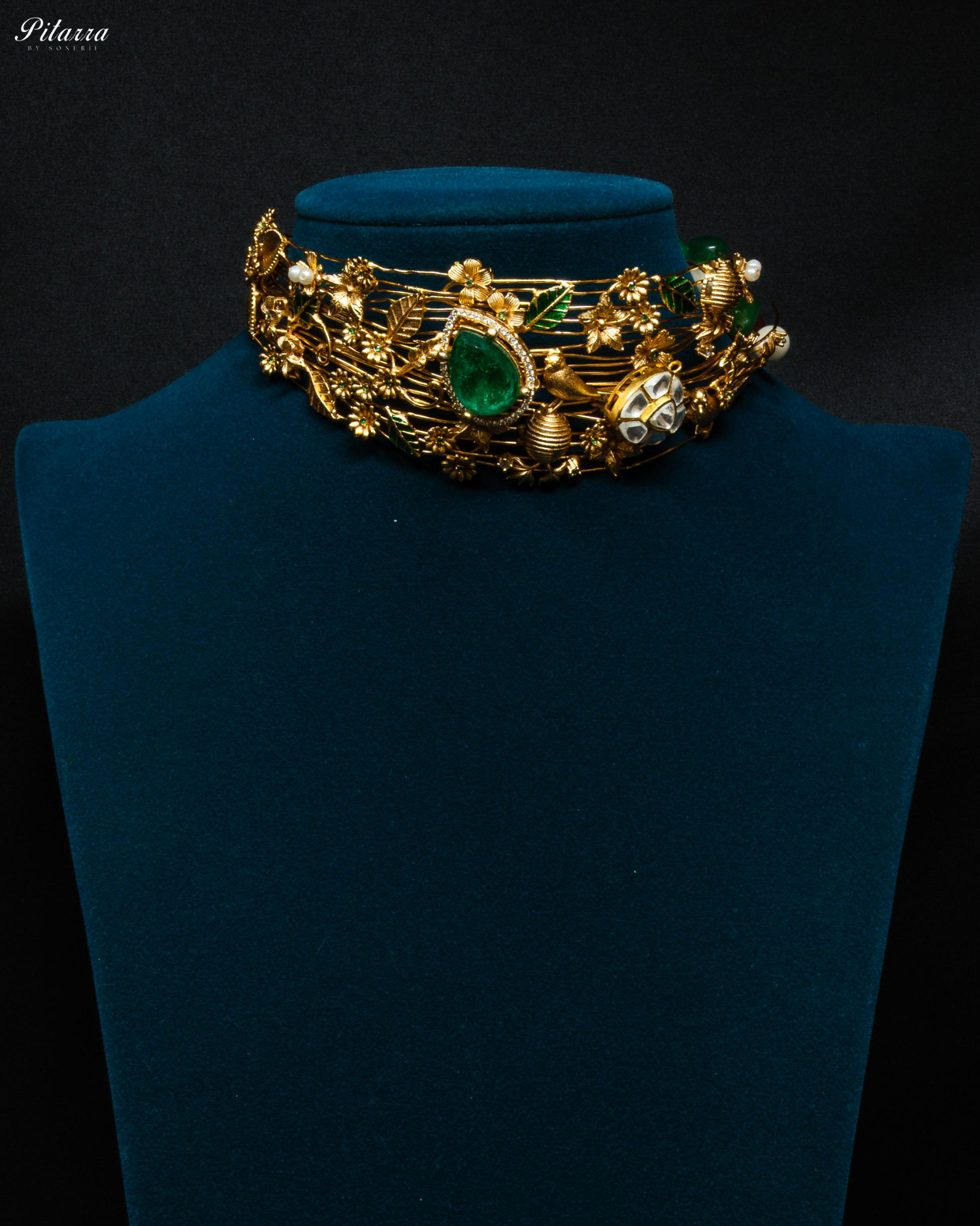 Golden Leaf With Emerald Crystal Stone Choker Set